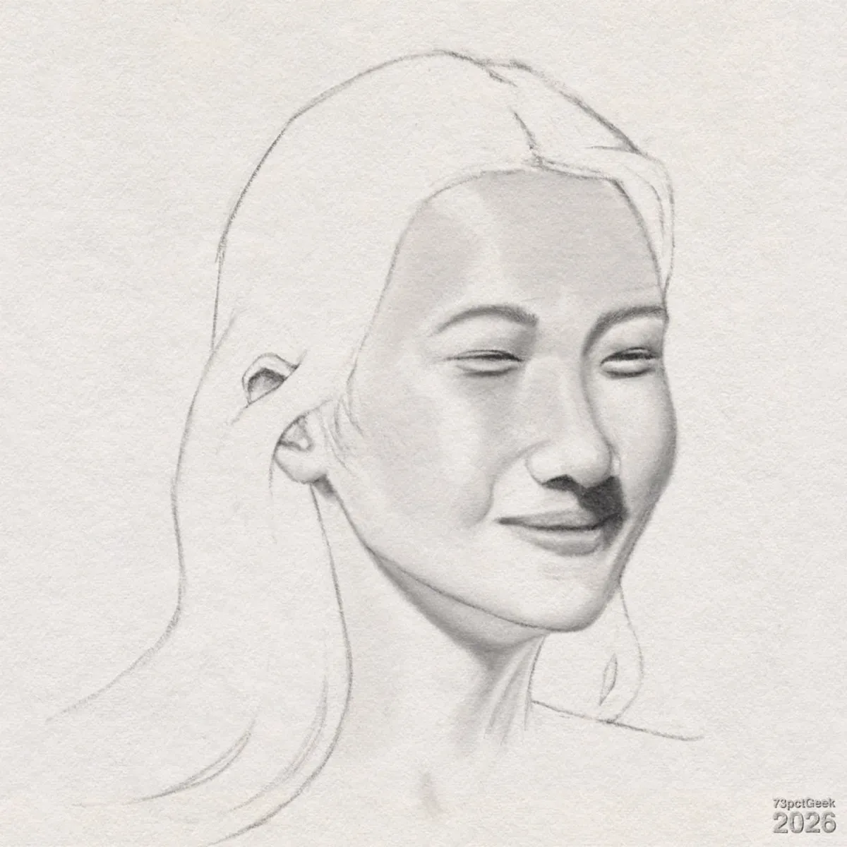 Digital graphite sketch of a young woman with long hair. Her eyes are almost closed in a relaxed, content expression, with softly arched eyebrows. The shading on her face is smooth, with subtle shadows along the right side of her nose, under her cheekbone, and beneath her lower lip and chin. Her nose is small and rounded, and her lips are closed in a calm smile. Her hair is lightly sketched with simple contour lines, flowing down past her shoulders, while the facial features are more detailed and shaded, creating a contrast between the finished face and the unfinished hair and neck. The visible ear on the left side is outlined in pencil but only lightly shaded. Watermarked: 73pctGeek 2026.