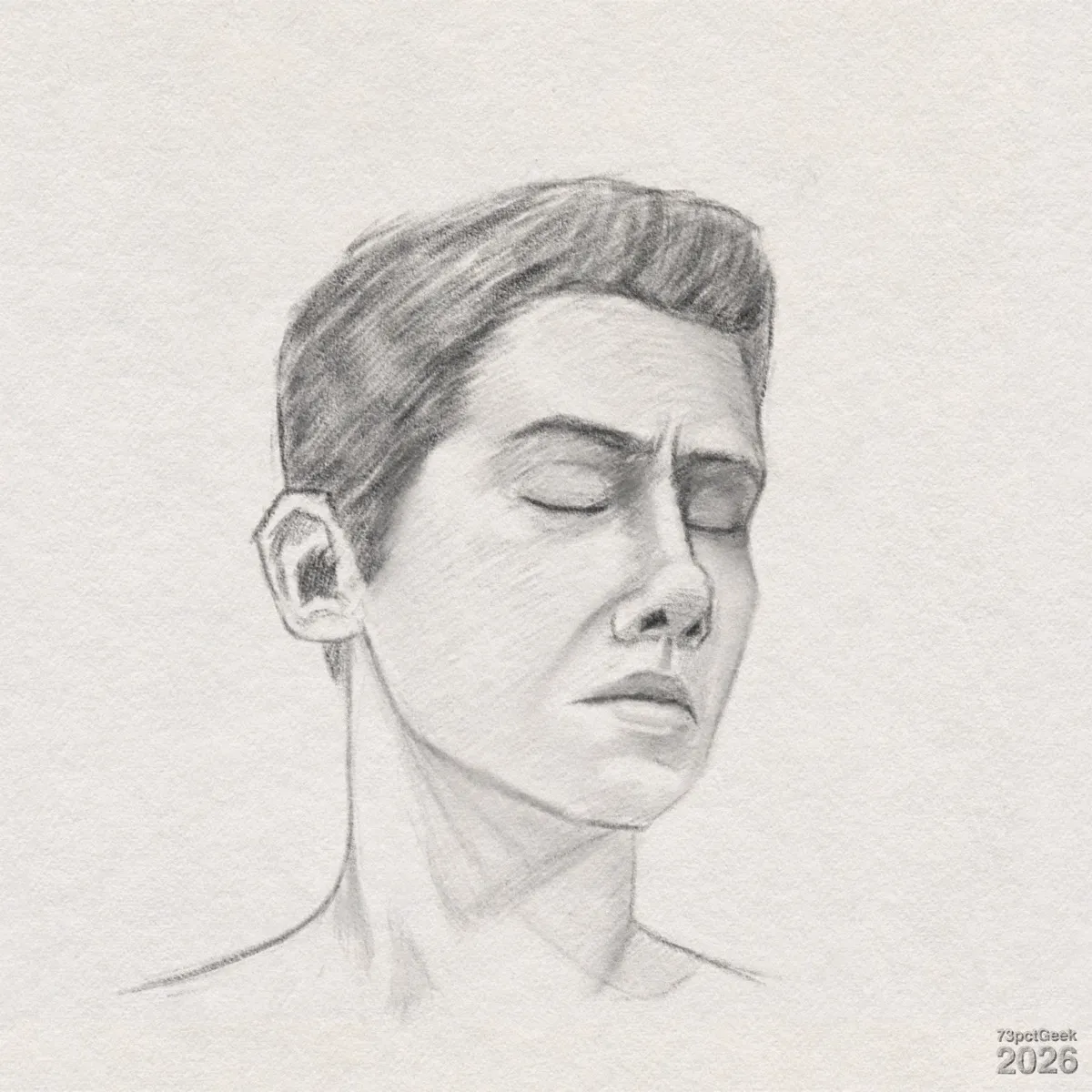 Digital graphite sketch of a man’s head and upper shoulders. He has short, straight hair combed back from the forehead. His eyes are closed, with the brows drawn together slightly, creating faint vertical lines between them. His mouth is closed, corners turned slightly downward. His jawline is somewhat angular, leading into a long, slender neck that fades softly at the base of the drawing. Shading on the face follows the contours of the cheeks, brow, and neck, with soft shadows on the right side of the face and under the chin. Watermarked: 73pctGeek 2026