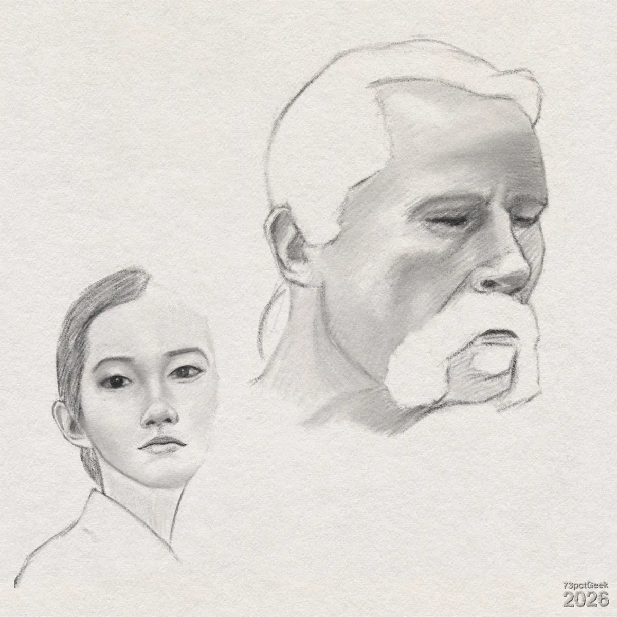 Digital graphite sketches of two human heads. Left: an unfinished sketch of a young woman. Her skin is lightly shaded. Her eyes are open and she has thin, gently arched brows, and a straight, narrow nose. Her mouth is closed in a slightly serious expression. She has a slender face and her hair is pulled back smoothly. Her shoulders and upper torso are suggested with simple outlines. Right: an older man’s head, drawn larger and with heavier shading, shown from a 3/4 angle. His eyes are narrow, with pronounced brow ridges. His broad forehead has soft shading indicating age lines. His nose is strong, and his cheeks have shading emphasising hollows and contours. A large, thick moustache and a matching area of facial hair on the chin are indicated with unshaded white shapes. The lips are hidden behind the moustache, with a suggestion of an open mouth beneath. The ear is visible and detailed, and there is faint indication of hair swept back over the head. Watermarked: 73pctGeek 2026.