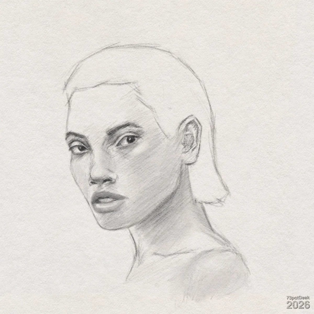 Quick digital graphite sketch of a woman in three-quarter view with her face turned slightly to the left, her eyes directed towards the viewer. Her expression is neutral, with full, slightly parted lips and defined cheekbones. The eyebrows are dark and arched, and her hair is slicked back from her forehead. Watermarked: 73pctGeek 2026.