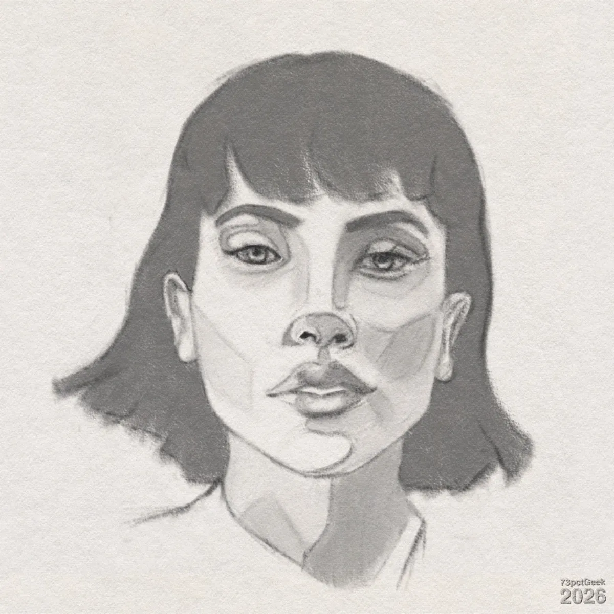 Digital graphite sketch of a young woman’s face drawn in a semi-realistic style. Her hair is dark, medium-length, and straight, curving outwards at the ends, with a short, blunt fringe. Her brows are full, arched, and dark. The eyes are half-open, and her nose is long and narrow with a rounded tip. Her lips are full and slightly parted, and her jawline is smooth, tapering to a soft chin. The cheeks, nose bridge, and areas around the mouth show angular, blocky planes of shading, giving a stylized look to the face. Both ears are visible, and her neck is long with a central vertical shadow and the suggestion of a simple neckline at the bottom. Watermarked: 73pctGeek 2026.