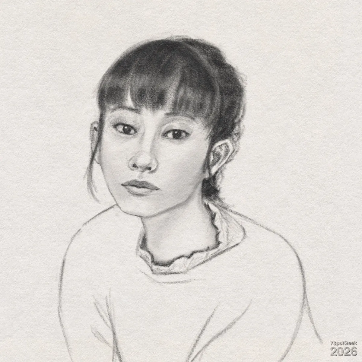 Digital graphite sketch of a young woman with light skin, facing slightly to the right while looking straight ahead. She has large dark eyes, a narrow nose, and a smallish closed mouth. Her dark hair has a straight fringe cut across the forehead, and the rest is pulled back into a low twist, with a few loose strands along the cheeks. Both ears are visible, and her slender neck leads into a simple ruffled neckline, which is again covered by a loose, soft jumper. Watermarked: 73pctGeek 2026.
