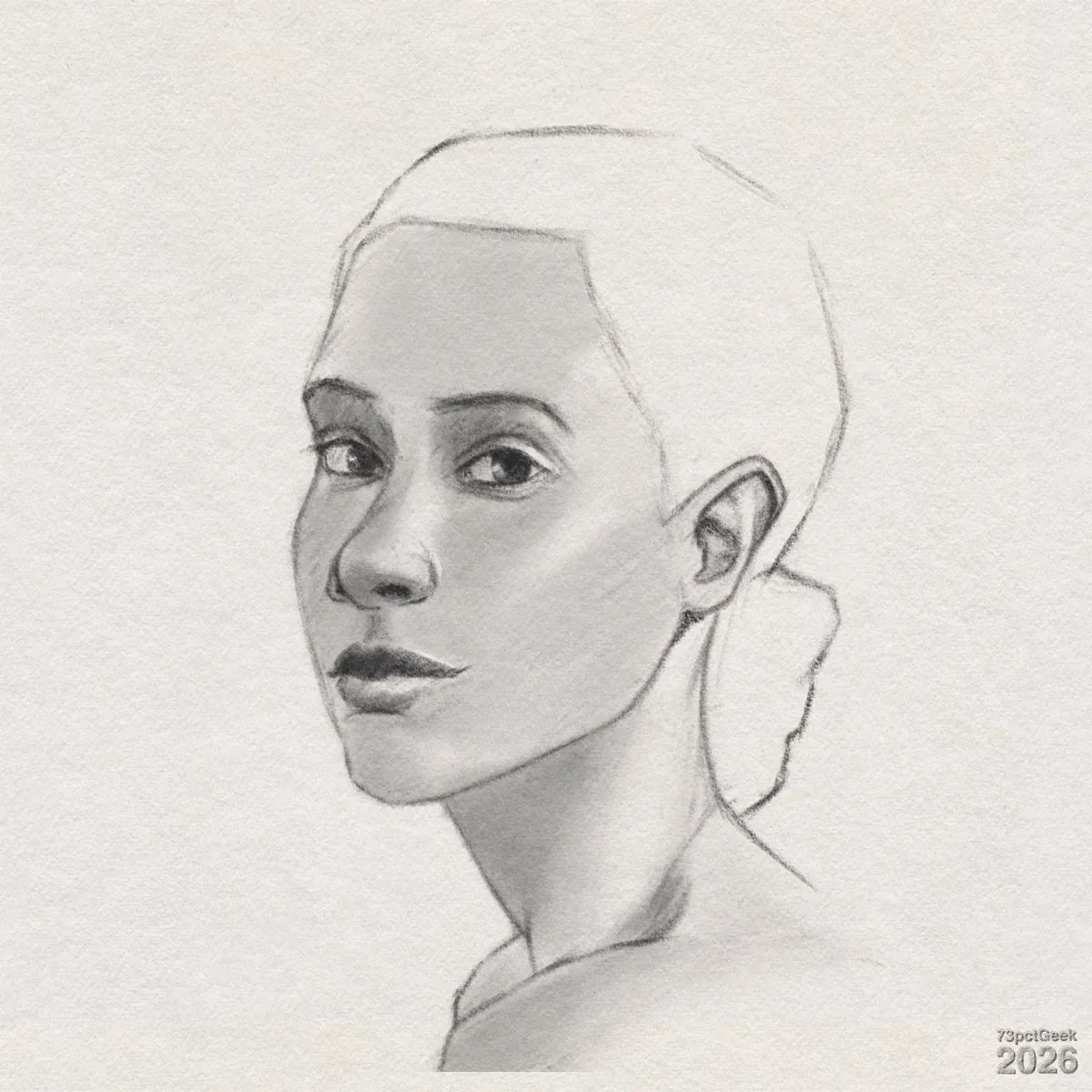 Digital graphite sketch of a young woman in ¾ view. Her face is turned slightly rightward while she looks towards the viewer. Her skin is shaded in smooth grayscale tones, suggesting a medium skin tone, with darker shading to show depth and lighting from the upper right. Her brows are thin, her eyes are dark, and her nose is straight and narrow. Her lips are full and closed, with a slight asymmetrical curve. The visible ear is simply outlined with minimal inner detail. Her long, slender neck is shaded to emphasise its curve into the shoulders and upper chest, which are lightly indicated. The hair is suggested with an outline and is pulled back smoothly into a low bun at the back of her head. Watermarked: 73pctGeek 2026.