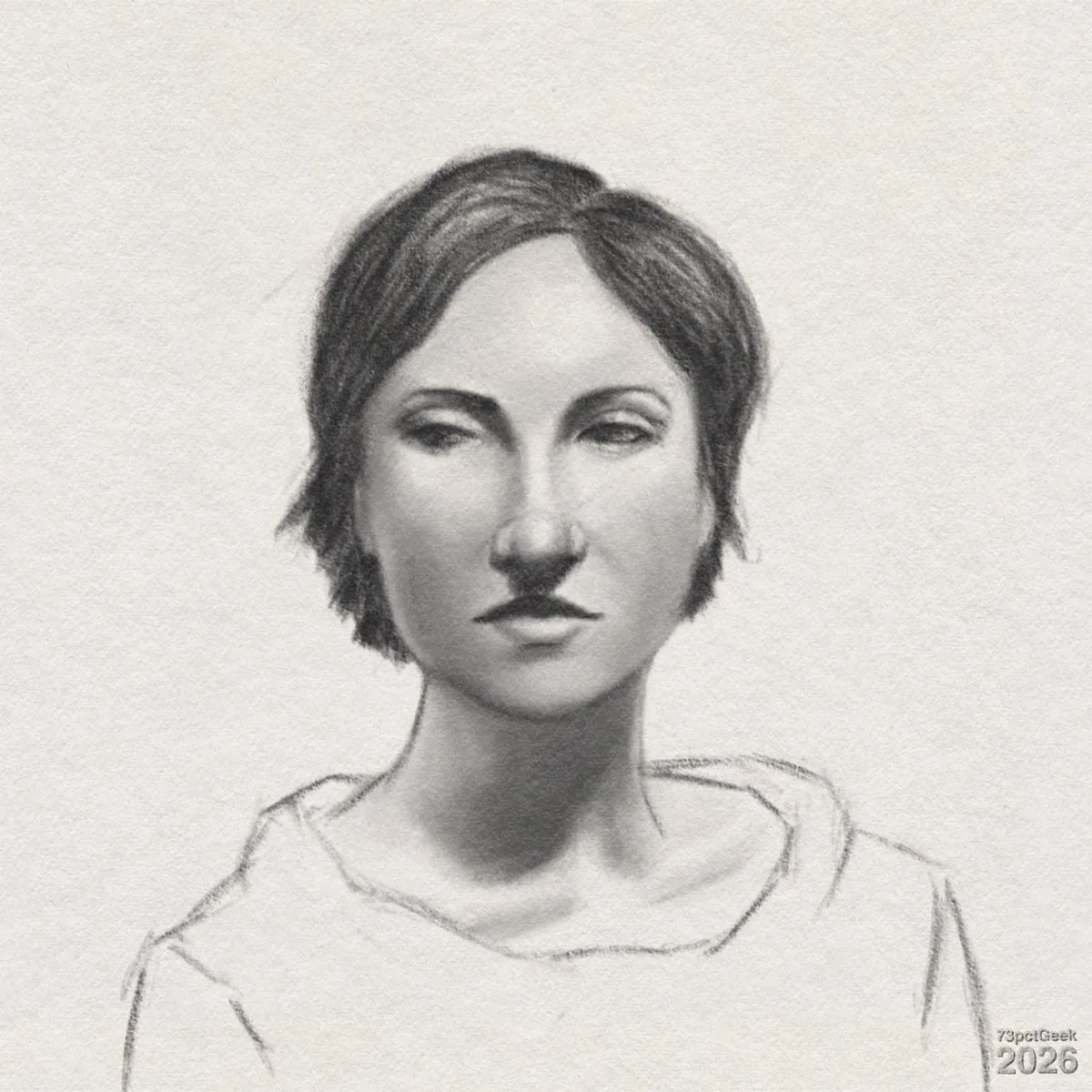 Digital graphite sketch of a woman from the shoulders up. She has a light skin tone and short, slightly wavy jaw-length dark hair, with soft, loose strands around the sides. Her eyelids are half-lowered, giving a somewhat distant expression. Her narrow brows are gently arched, and she has a straight nose. Her full mouth is closed, the corners resting in a neutral position. She wears a simple, loose top with a wide, rounded neckline; sketched with minimal detail. Watermarked: 73pctGeek 2026. 