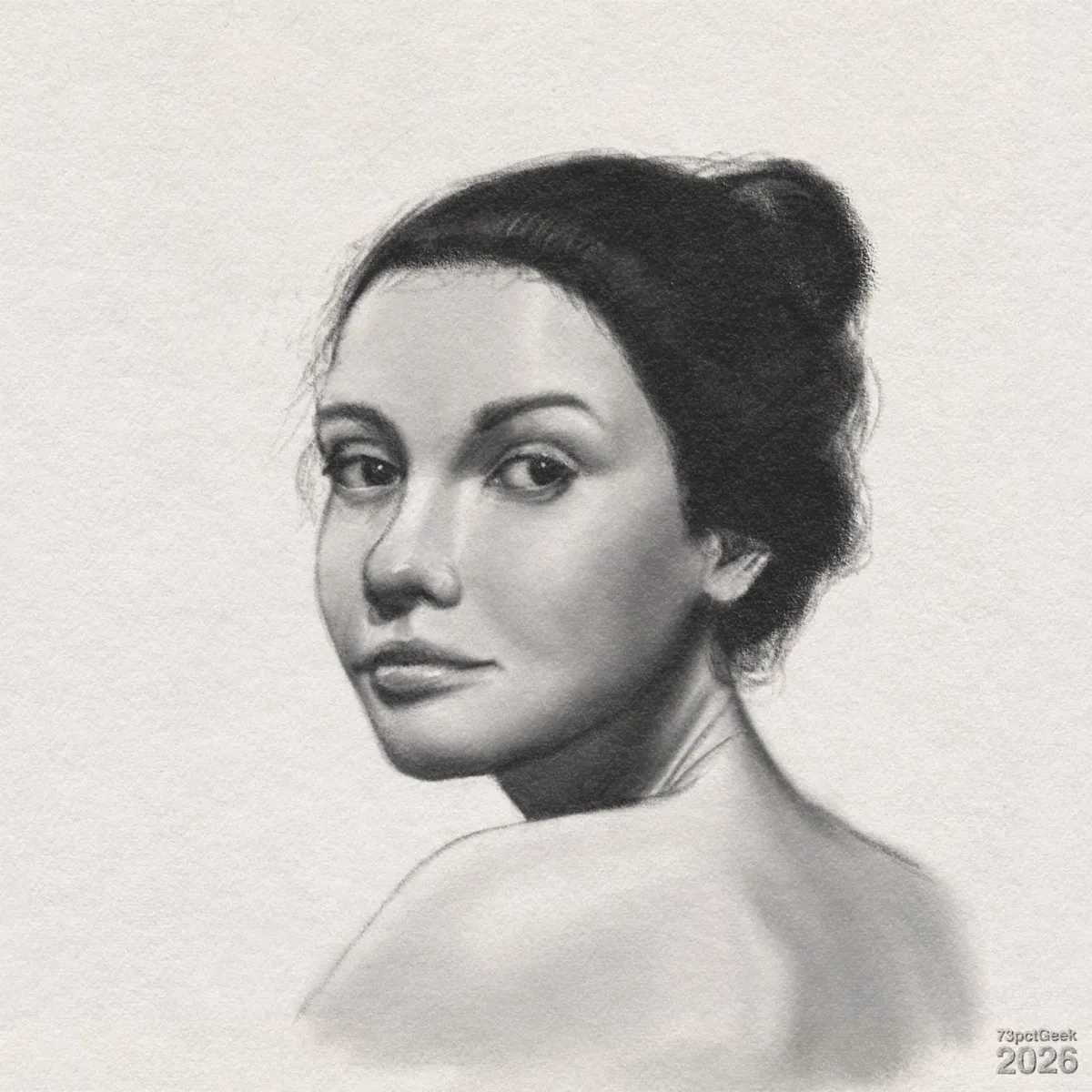 Digital graphite sketch of a woman shown from the shoulders up, turned three-quarters with her face looking back over her left shoulder. Her skin is light, with smooth shading that emphasises the cheekbones, nose, and jawline. Her expression is calm, with full lips closed and a subtle hint of a half-smile. Her eyes are almond-shaped, looking towards the viewer from under gently arched brows. Her hair is dark and gathered into a loose bun at the back of her head, with a few wisps around the hairline. Her shoulders and upper back are bare, softly rendered with minimal lines, fading into the background. Watermarked: 73pctGeek 2026.