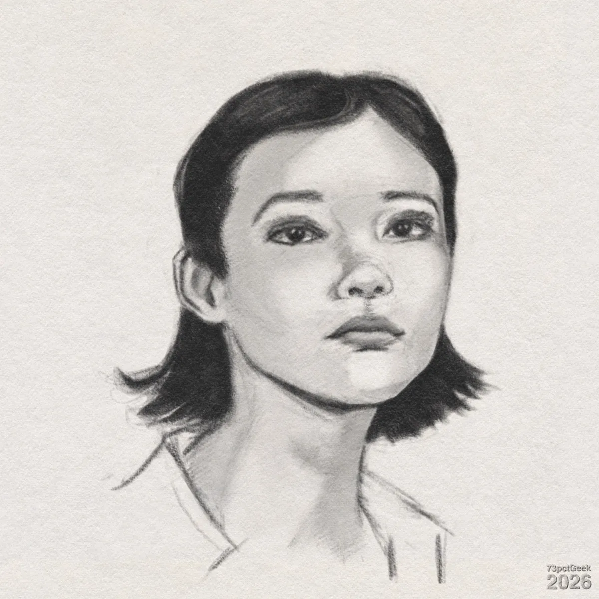 Digital graphite of a young woman from the shoulders up. She has a light skin tone and short, straight, dark hair that reaches just past the jaw and flares slightly outwards at the ends. Her head is tilted a little back and turned slightly to the viewer’s left, giving an upward, distant gaze. Her brows are dark and gently arched, and she has a straight nose and full mouth. The neck is long and slender, with strong shadow along the right side. The clothing is only lightly suggested with a few sketchy lines indicating a collar. Watermarked: 73pctGeek 2026.