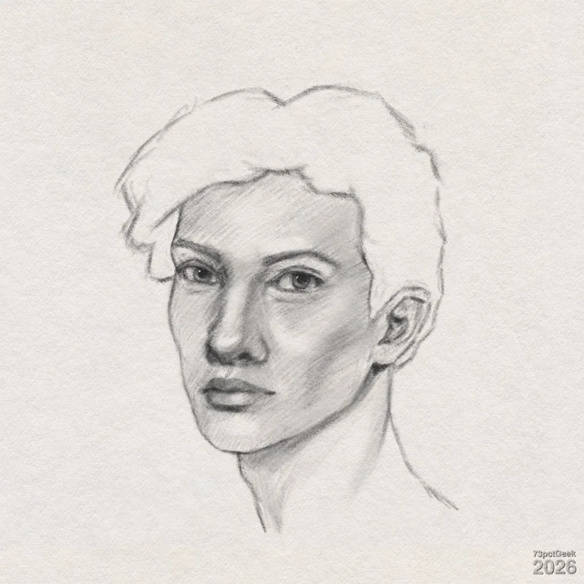 Digital graphite sketch of a man with light skin and short, wavy hair. His face is turned slightly to the left while the eyes look straight ahead. The brows are slightly arched, the nose is straight with soft shading along the bridge and sides, and the lips are full and closed in a neutral expression. Shading is concentrated on the right side of the face, under the cheekbone, around the eye sockets, and along the neck, creating a sense of three‑dimensional form and light coming from the left. The ear on the right side of the head is visible and detailed with inner folds indicated by fine lines. The hair is lightly sketched as a large, wavy mass, with only a few interior lines suggesting texture. Watermarked: 73pctGeek 2026.