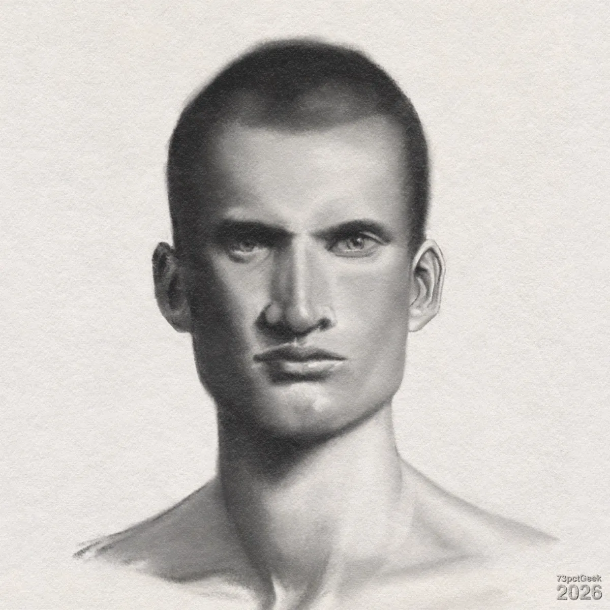 Digital graphite sketch of a man shown from the shoulders up. He has a long, rectangular face with a strong jawline and a prominent chin. His hair is dark and cropped. Strong, straight brows are set over deep, focused eyes that stare directly forward. His nose is straight and fairly narrow with defined shading along the bridge and sides. The mouth is closed with full, firm lips, turned slightly downward. Ears have detailed inner curves indicated by subtle shading, and his neck is long and muscular, with shadows emphasising the tendons and collarbones, and the shoulders slope gently outward. Watermarked: 73pctGeek 2026.