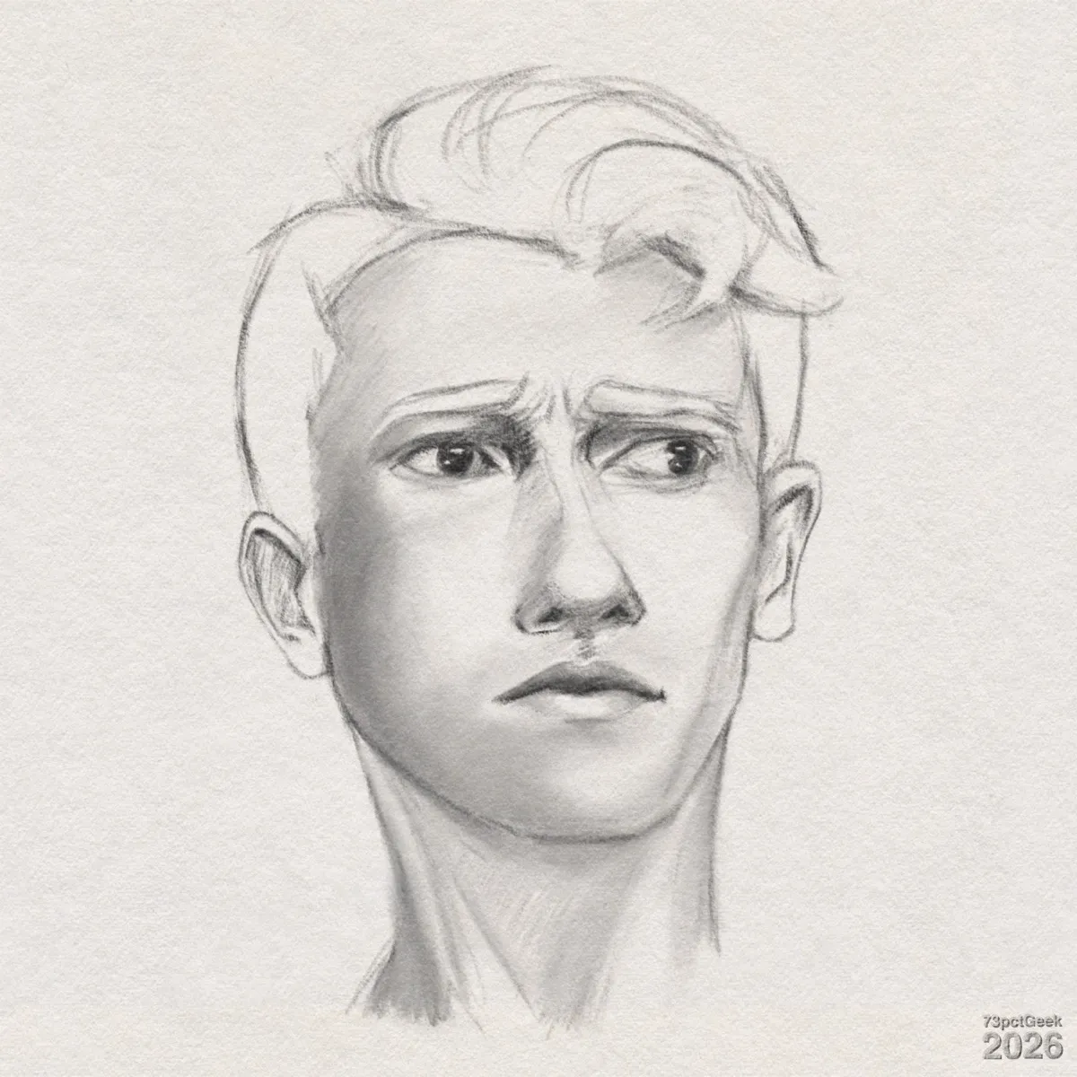 Digital graphite sketch of a young man’s head and neck shown from the front, turned slightly towards his left. He has an uneasy expression, brows raised and pulled together, and his eyes are wide and looking off to the left. His nose is straight and narrow, and his mouth is closed with the lips pressed together and tilted slightly downward. His hair is short on the sides with a fuller section on top that sweeps in a loose wave towards the right, drawn with light, flowing pencil strokes. His ears are visible on both sides. Shading on the left side of the face and neck suggests light coming from the right, giving the cheekbone, jawline, and neck muscles clear definition. Watermarked: 73pctGeek 2026.