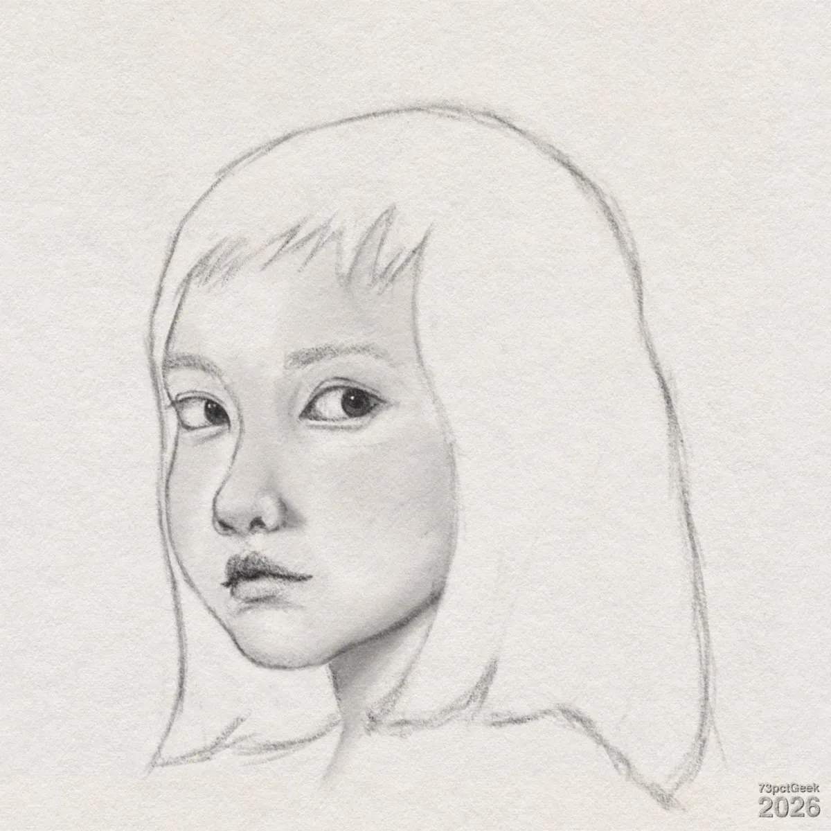 Digital graphite sketch of a young girl shown from the shoulders up, turned slightly to the side with her head looking back over her left shoulder. She has light skin and straight, medium-length hair that frames her face; most of the hair is suggested with simple outline lines. Her eyes are large and dark with small highlights, giving a somewhat serious expression. Her eyebrows are lightly shaded, and her nose is small with gentle shading along the bridge and nostrils. Her lips are full and closed, with a slightly reserved look. Her neck and shoulders are only lightly sketched, fading out towards the bottom. Watermarked: 73pctGeek 2026.