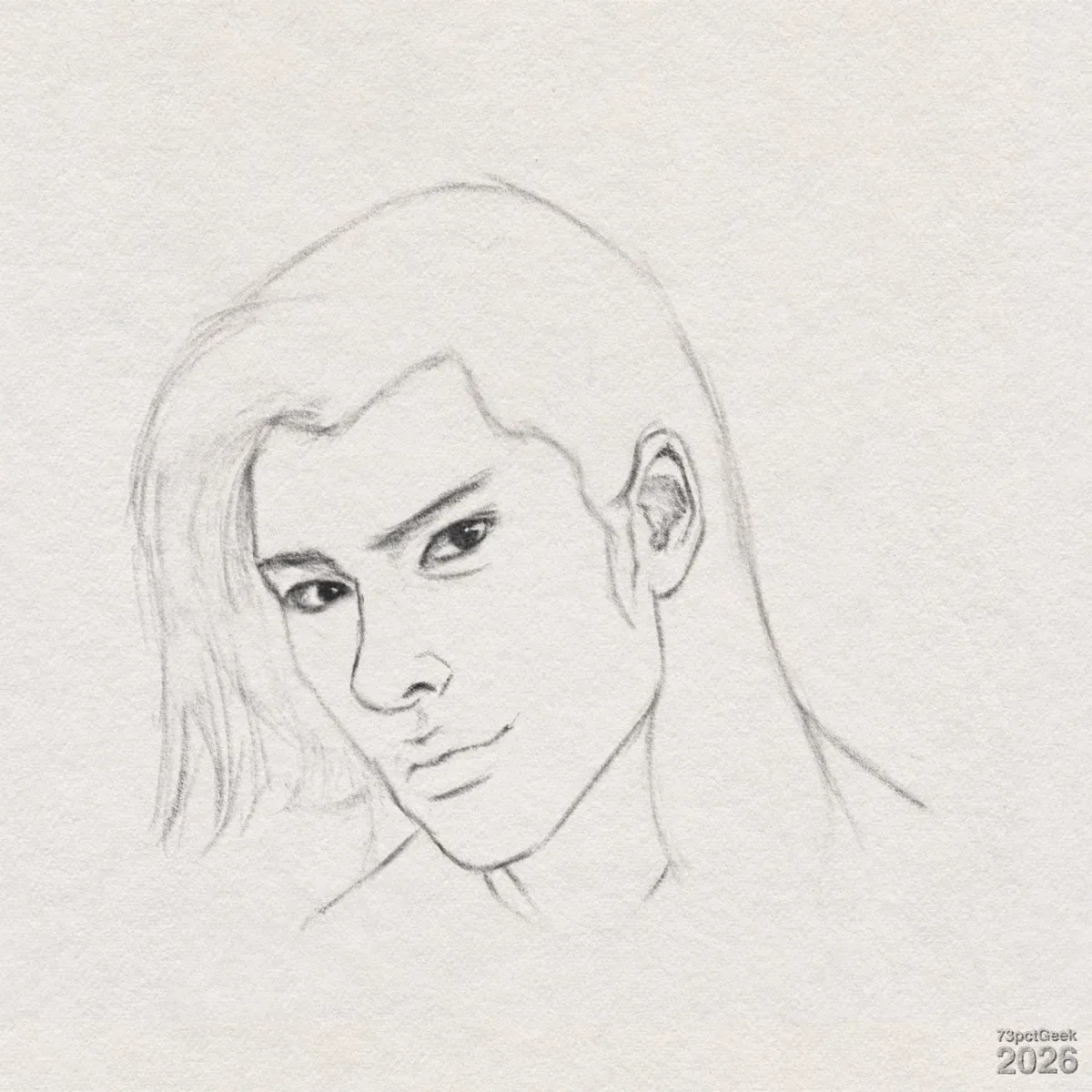 Digital graphite sketch of a young man, his face turned slightly to the viewer’s left with his chin tipped down. His hair is long and straight, falling over the left side of the face in loose strands, while the right side is tucked behind an ear. He has dark brows above dark eyes directed towards the viewer. His nose is straight and narrow, and his mouth is closed with full, gently curved lips forming a half-smile. He has an angular jawline leading into a long, slender neck and a hint of shoulders. Watermarked: 73pctGeek 2026.