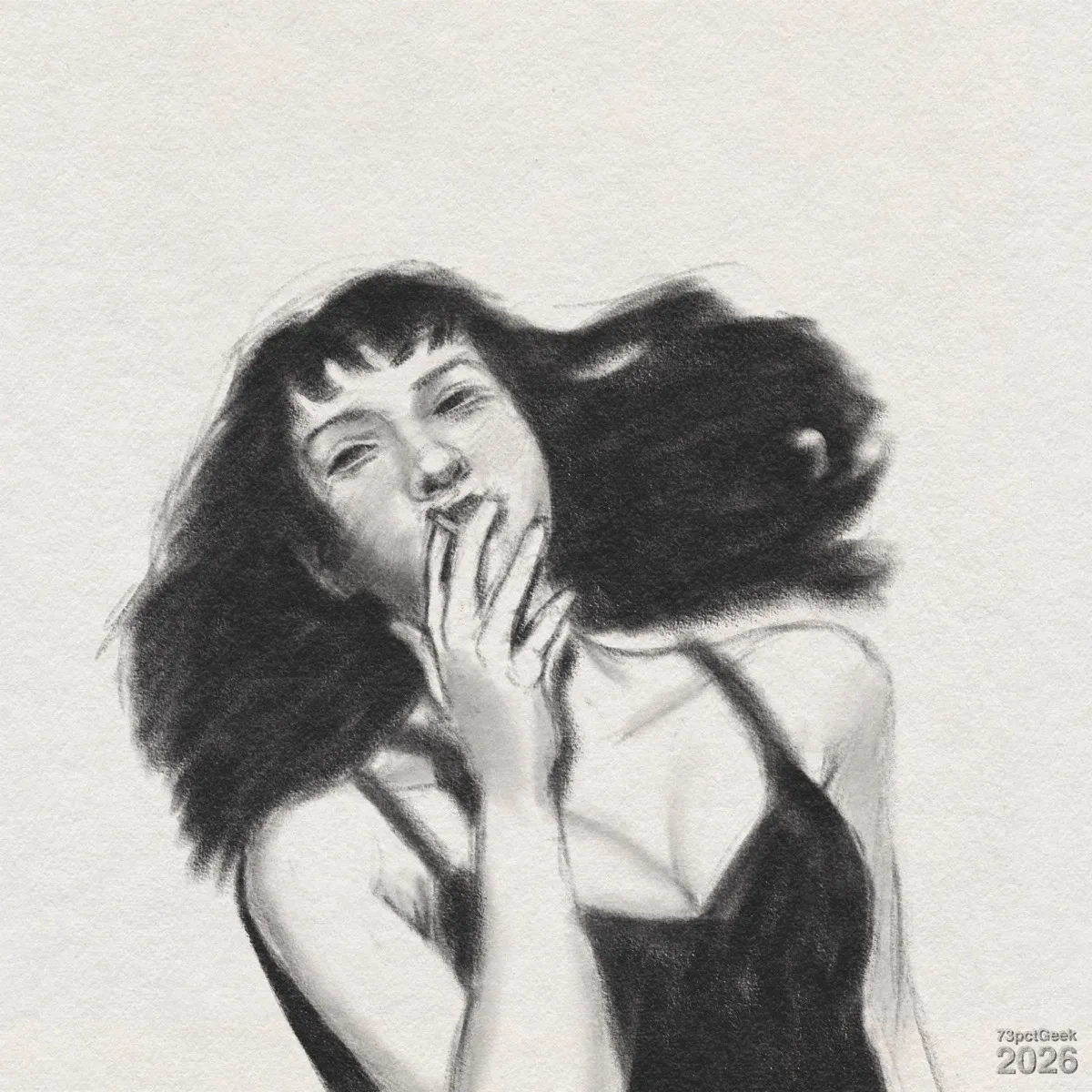Digital graphite sketch of a woman in a black dress with long, dark hair. Her head is tilted slightly back and to the side, with a relaxed, almost dreamy expression, her hair spilling across the surface she rests on. Her eyes are half-closed, and she holds a cigarette to her mouth. The dress has thin straps and a low neckline that shows her collarbones and the upper part of her chest. Watermarked: 73pctGeek 2026.