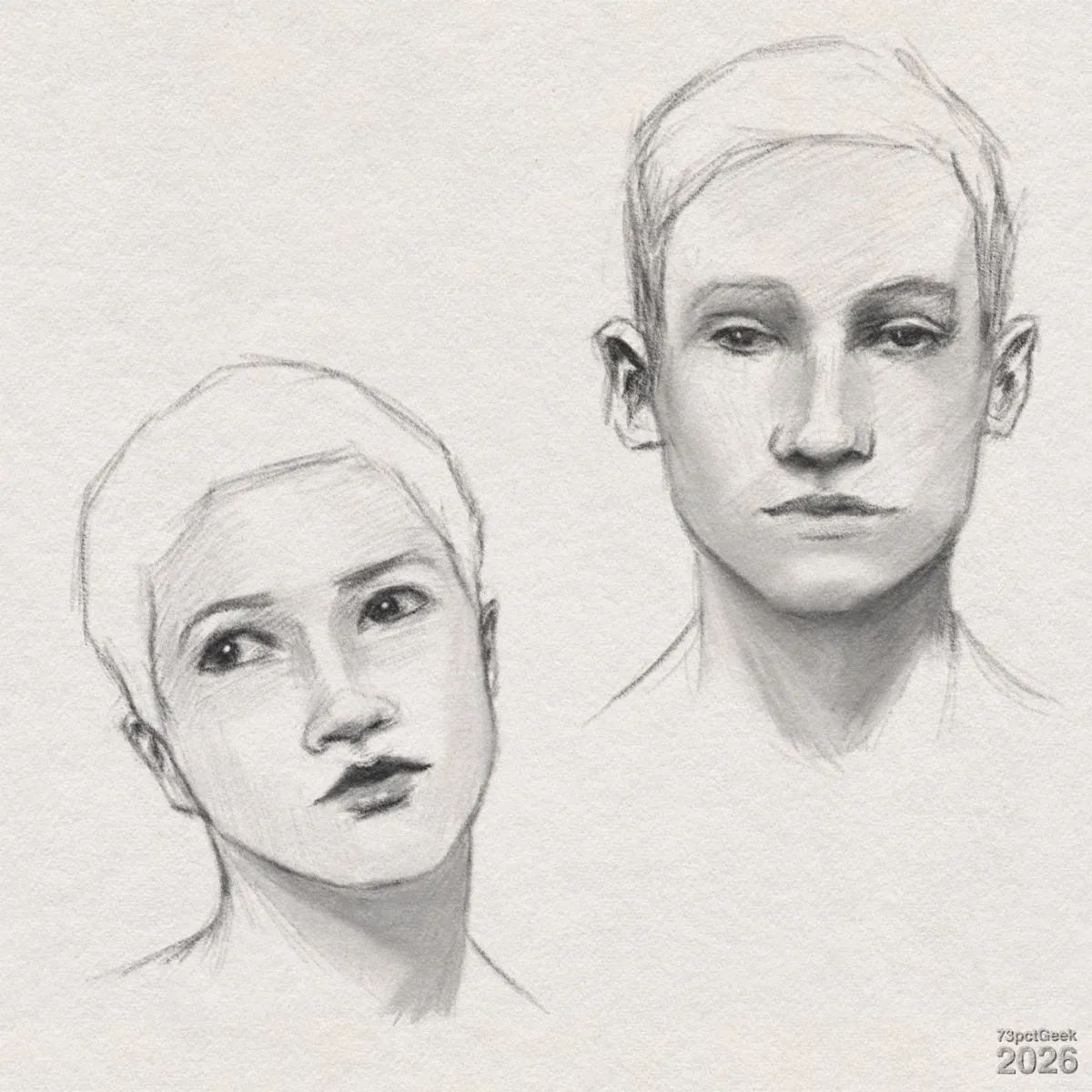 Digital graphite sketches of two different faces. Left: A woman’s head and neck at a three-quarter angle, tilted slightly backwards and to her right. She has short hair, dark eyes looking upwards, a small straight nose, and full lips. Her jawline is soft, and shading under the chin and neck suggests depth and light from above. Her expression appears thoughtful. Right: A man’s head facing forward. He has a long, angular face with a straight nose and narrow lips. Short hair is sketched close to the skull with light strokes. Shading along his temples, beneath his cheekbones, and neck gives a sense of volume and a soft light source from above. Watermarked: 73pctGeek 2026.