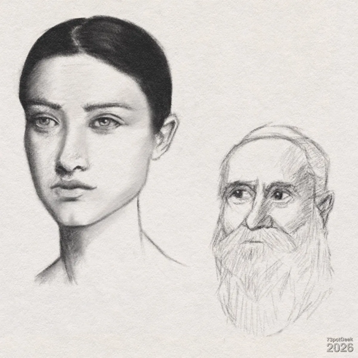 Digital graphite sketches of two different faces. Left: A young woman from the shoulders up, facing slightly rightward. She has light skin, a straight nose, full lips, light eyes, and straight brows. Her dark hair is centre-parted and pulled back. Her long, slender neck is shaded to imply form, and her shoulders fade away. Right: A simpler, sketchier drawing of an older man. His head is turned slightly to the left, and he has a high forehead. Dark brows frame deep-set eyes with a somewhat weary expression. His long, straight nose is shaded along the sides. His small, closed mouth is framed by a long, full beard that reaches down towards the chest. The beard is indicated with loose pencil strokes, and the moustache blends into it. Watermarked: 73pctGeek 2026.