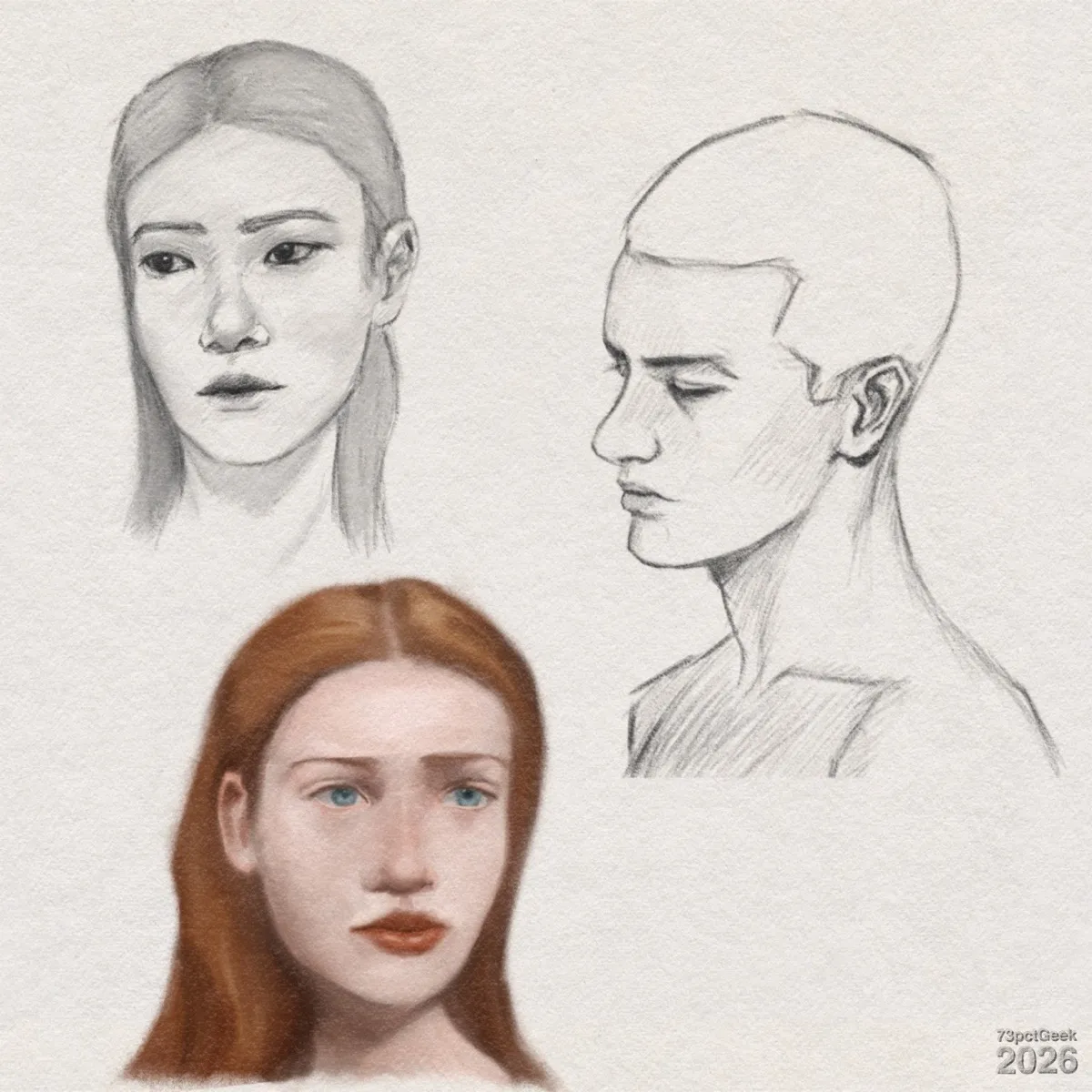 Top left: Digital graphite sketch of a woman with straight, centre-parted hair, slightly turned to the right. Shading beneath cheekbones and jawline suggests facial structure, and her neck is lightly indicated. Top right: Digital graphite sketch of a man in profile facing left. His close-cropped hair is simply outlined. An ear is clearly defined with interior curves. The neck and shoulders are lightly sketched to indicate form and light. Bottom: Quick colour portrait of a woman facing forwards. She has long, reddish-brown hair with a centre part. Her pale skin has soft, blended shading that defines forehead, nose, cheeks, and chin. Her light blue eyes seem focused beneath gently arched light brown brows. Her straight nose has a rounded tip; her full lips are a muted red, and slightly pressed together. Light falls from the upper left, creating shadow on the right side of the face and under the nose and chin. Watermarked: 73pctGeek 2026.