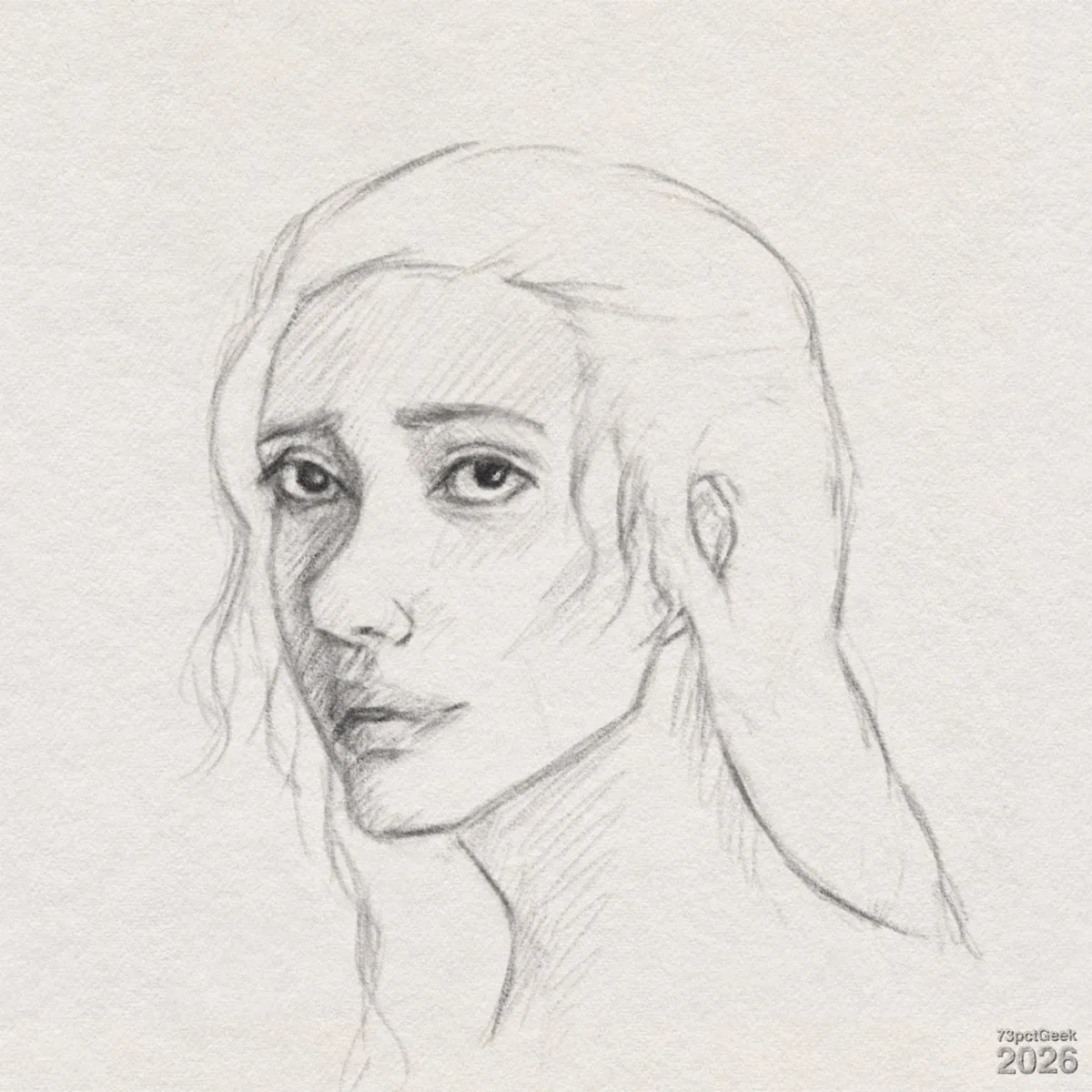 Quick and sloppy digital graphite sketch of a young woman shown from the shoulders up, slightly turned to the left. She has light skin with soft shading and crosshatching, contouring the cheeks and nose. Her expression is wistful or worried, with large, dark eyes that gaze outward and slightly upward. She has a narrow, straight nose and full, relaxed lips. Long hair flows down from a centre part, drawn with loose, wavy lines. Some strands fall forward along the cheek and neck, while the rest streams back behind the head and shoulder. The slender, elongated neck has diagonal pencil strokes suggesting form and light. Watermarked: 73pctGeek 2026.