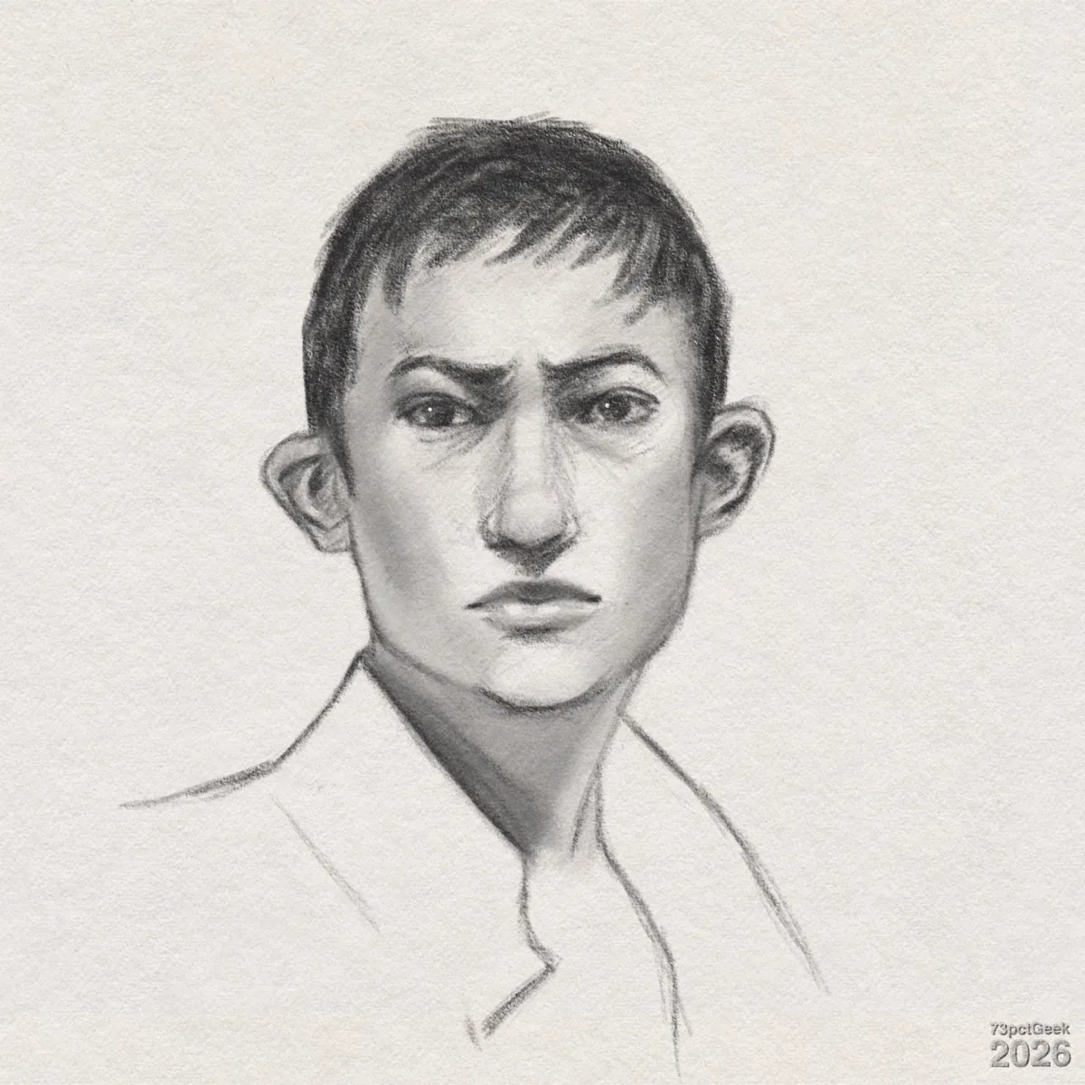 Digital graphite sketch of a young person with a serious expression. Their face is shown from the shoulders up, slightly turned to the side, looking straight ahead with furrowed brows. The features are stylised but realistic: a long, straight nose, full lips pressed together, and large ears that stick out. The hair is short, dark, and textured with sketchy strokes. The skin tone is light grey, with shading suggesting smooth skin and subtle cheekbones. The person is wearing a light-coloured shirt or jacket with a simple collar, suggested with a few sketch lines. Watermarked: 73pctGeek 2026.