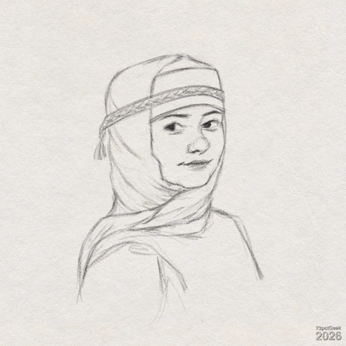 Digital graphite sketch of a woman shown from the shoulders up, turned slightly to the left while her face is angled towards the viewer. Her head is covered with a smooth, wrapped scarf that drapes around the neck and shoulders; a horizontal band with a simple decorative pattern runs across the forehead and around the head, with a small tassel hanging on the left. Her facial features are simply drawn, with arched eyebrows, dark eyes looking forward, a small nose, and closed lips forming a faint, subtle smile. Shading is light, suggesting contours of the cheeks, chin, and folds of the fabric. Watermarked: 73pctGeek 2026.