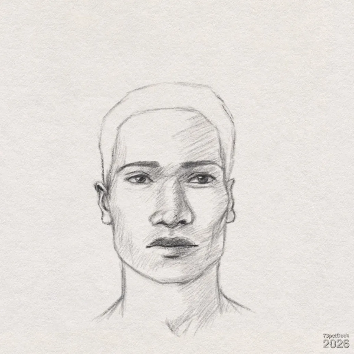 Digital graphite sketch of a youngish man’s face and upper neck. He faces forward and has short, cropped hair indicated by a faint outline and minimal shading. His straight, fairly thick brows sit above darkish eyes. His long, straight nose has defined nostrils and shading along the bridge and sides. Full lips are shaded more darkly than the surrounding skin, giving them a pronounced shape. His strong, angular jawline has clear shading along the sides of the face leading into a relatively long neck. Watermarked: 73pctGeek 2026.