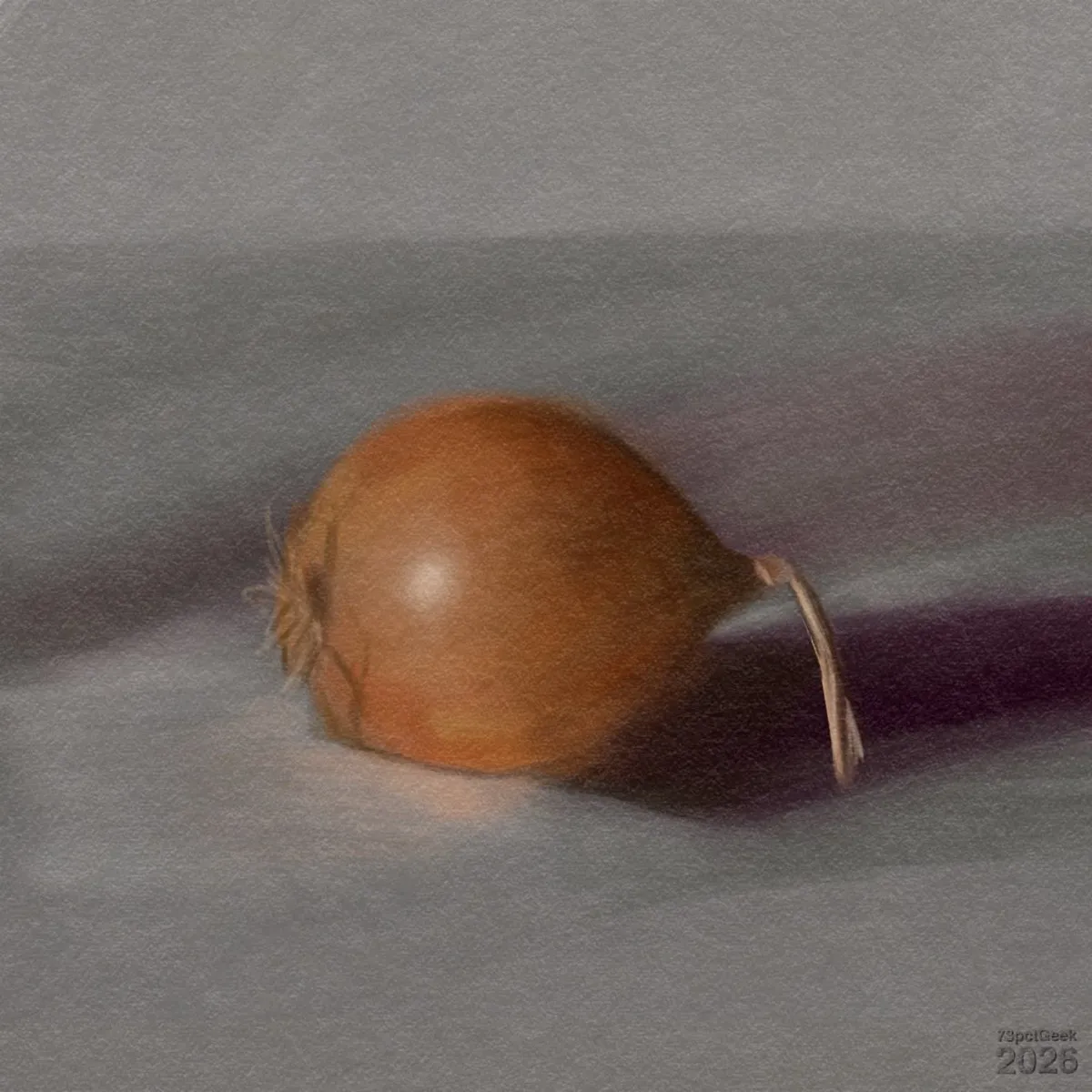 Digital colour study of a single brown onion resting on a flat surface. The onion is whole, with smooth golden‑brown skin and a dried root end on the left side. A thin, curved dried stem extends from the right side and arches upward slightly before pointing down. Soft light comes from the left, creating a small bright highlight on the upper left of the onion and a long, dark shadow cast to the right. The surface and background are smooth and muted, in grey and purplish tones, giving the image a calm, minimal still‑life feel. Watermarked: 73pctGeek 2026.
