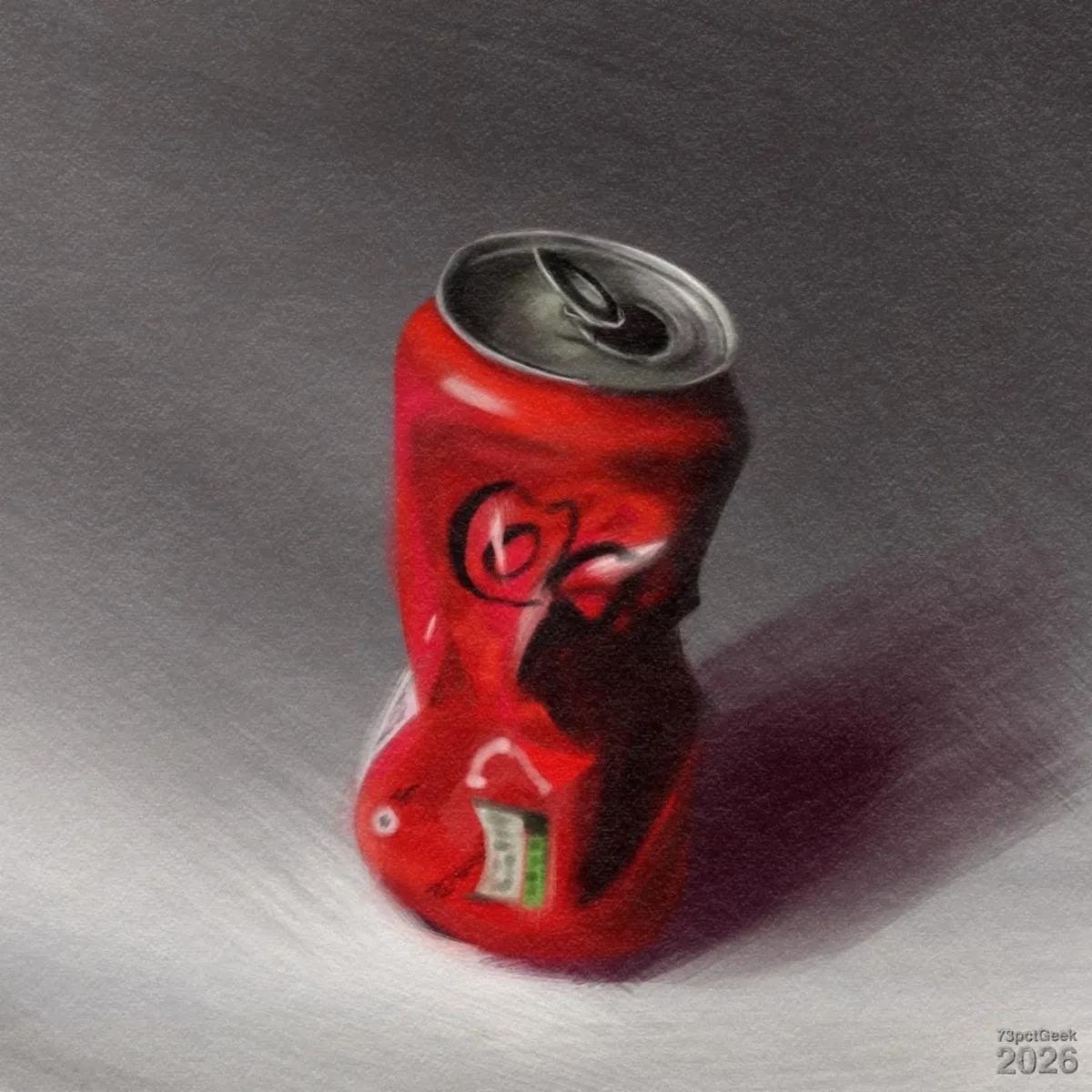 Digital colour study of a crushed red soda can on a smooth surface. The can is heavily dented through the centre, so its body twists slightly, with a normal silver top that is uncrushed and with the pull tab sticking up. On the front of the can, there are abstract black curved shapes that suggest stylised lettering rather than clear, readable text. Near the lower part of the can is a small rectangular green-and-white label and a tiny white circle detail beside it. A strong light source from the front-left creates bright highlights on the red metal and a long, deep purple shadow stretching diagonally to the right. The background is plain and gradient, darker towards the upper part and lighter towards the lower part, emphasising the can as the main subject. Watermarked: 73pctGeek 2026.
