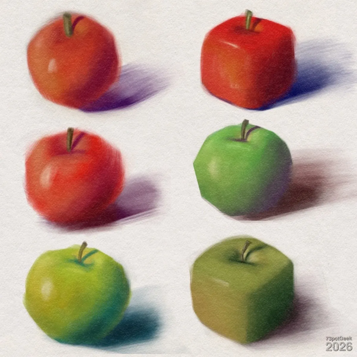 Digital colour studies of six stylised apples are arranged in two rows of three. The top left apple is round, shiny red with a short brown stem and a purple-tinted shadow. The top right apple is cube-shaped, red with a brown stem and a bluish-purple shadow. The middle left apple is orangey-red with bright highlights and a soft purple shadow. The middle right apple is slightly faceted, green with a short stem and a warm, brownish-purple shadow. The bottom left apple is round, yellow-green with teal tones in the lower part and a cool blue shadow. The bottom right apple is cube-shaped, greenish-brown with a stem in a shallow dimple on top and a soft greyish-purple shadow. Watermarked: 73pctGeek 2026.