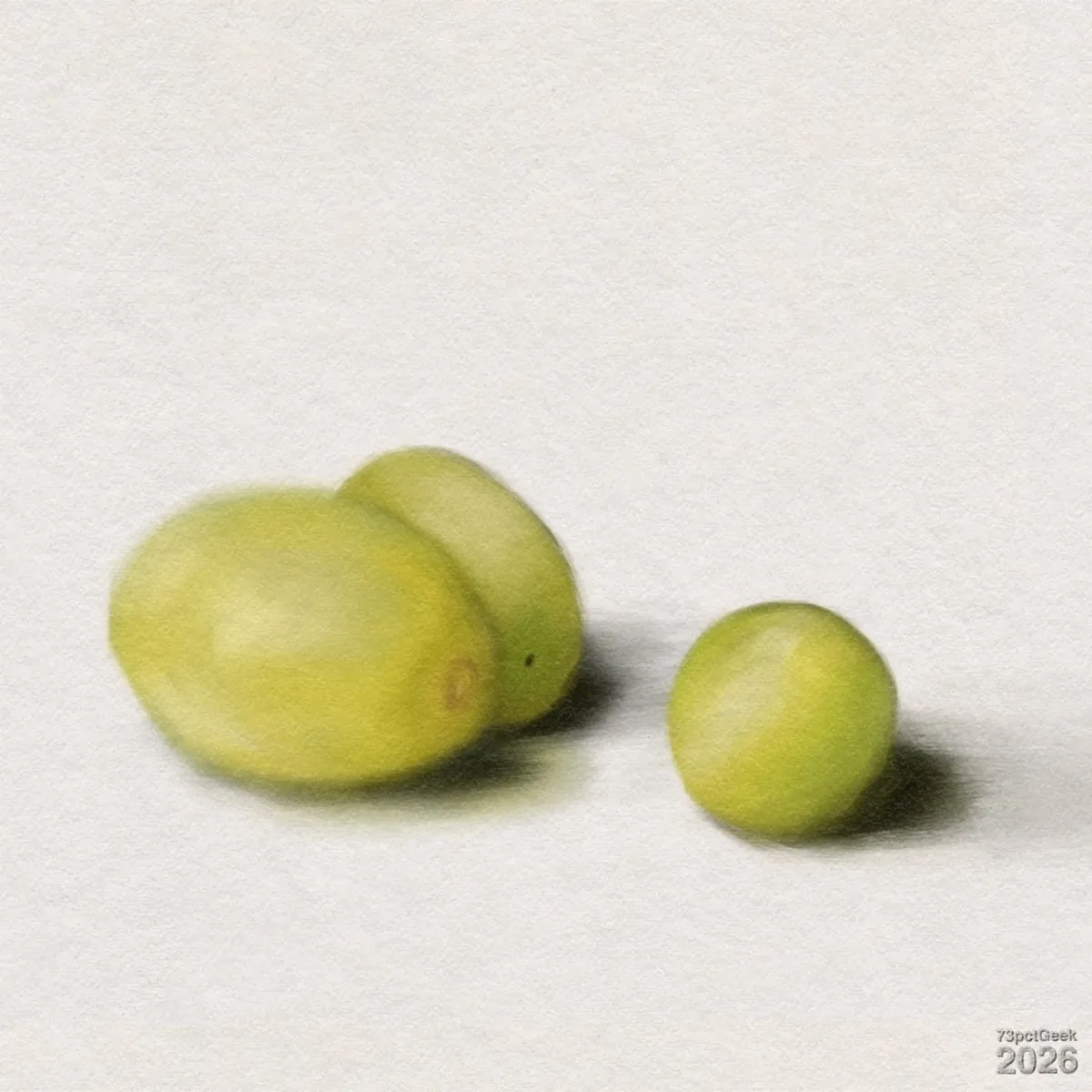 Digital colour study of three green grapes on a plain light background. Two grapes on the left are oval and lie close together, one slightly overlapping the other, both casting soft grey shadows beneath them. The grape on the right is rounder, smaller, and separated from the pair, with its own small shadow. The grapes are pale yellow‑green with gentle highlights and shading, giving them a smooth, slightly glossy look. Watermarked: 73pctGeek 2026.