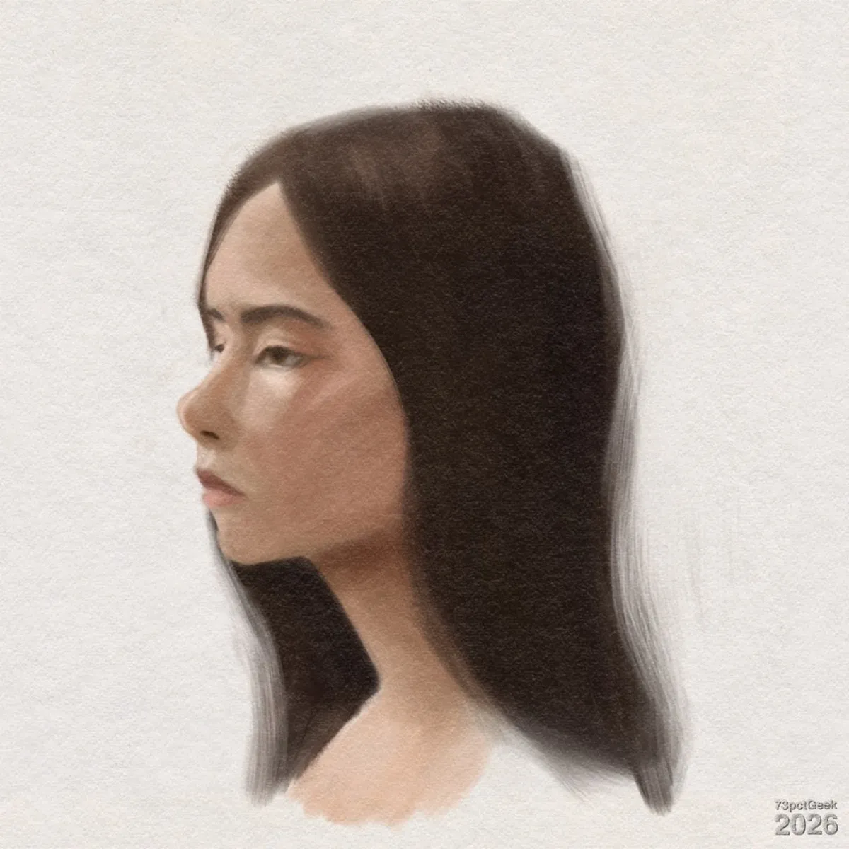 Digital colour study of a young woman in profile against a light background. She faces left with a calm expression. Her skin is medium-light with warm peach shading on her cheeks and nose. Her lips are a muted pink. Her long, straight dark brown hair flows down past her shoulders, painted with soft blended strokes. The neck and upper chest are lightly suggested with smooth pale shading. Watermarked: 73pctGeek 2026.