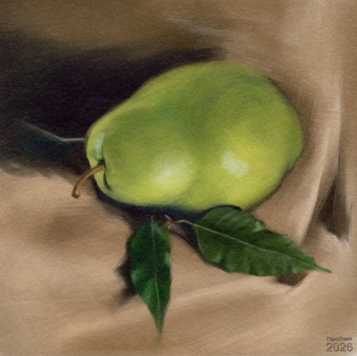 Digital colour study of a single green pear with leaves on a soft brown fabric background. The pear lies horizontally with the stem pointing to the left, and its surface has smooth gradients of yellow-green and bright highlights suggesting a light source from the upper right. Two dark green leaves extend from beneath the pear towards the lower right corner; they are long, narrow, and slightly curved, with lighter central veins. The brown background is softly blended with darker shading behind the pear, creating a subtle shadow that makes the fruit appear three-dimensional. Watermarked: 73pctGeek 2026.