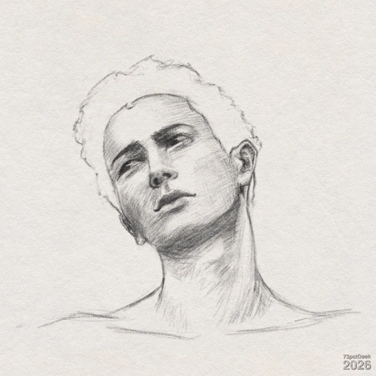 Digital graphite sketch of a young man from the shoulders up against a blank background. He is bare-shouldered, with his head tilted slightly back and to the viewer’s left, exposing a long neck with visible shading along the throat and jawline. He has straight eyebrows, deep-set eyes gazing upward to the left, a straight nose, and full, relaxed lips that give a calm expression. The skin is shaded with soft, cross-hatched pencil strokes suggesting a light to medium tone, with darker shading under the cheekbones, chin, and around the eyes for depth. Short to medium-length, loosely textured hair is drawn with light, sketchy lines creating a soft, slightly tousled look. The overall style is realistic but sketchy; the shoulders fade into the paper with minimal detail. Watermarked: 73pctGeek 2026.