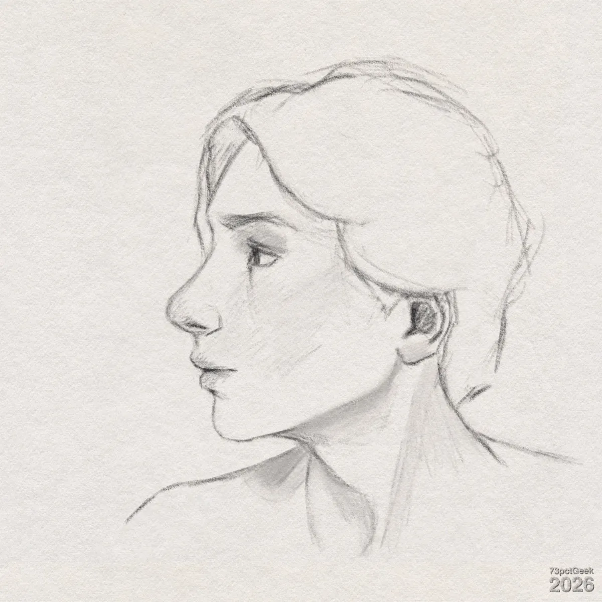 Digital graphite sketch of a young man’s profile, facing left. He has a straight, slightly long nose, full lips, and a defined jawline and chin. The almond-shaped eye has lightly shaded eyebrows and eyelids, giving a calm expression. His medium-length, slightly wavy hair is swept back from the forehead with loose strands near his temple. The visible ear is shaded, and his slender neck has subtle shading suggesting muscles and collarbone. The shoulders are faintly indicated with minimal lines, and the background is blank. Watermarked: 73pctGeek 2026.
