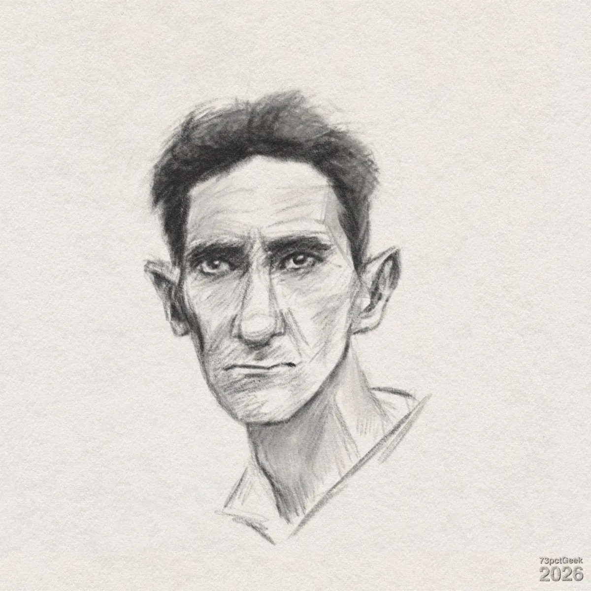 Digital graphite sketch of a middle-aged man with angular features. His head is slightly turned to the right, with deep-set dark eyes that look straight ahead and heavy, straight eyebrows. His face is long and gaunt, with pronounced cheekbones, hollow cheeks, and strong vertical lines from the sides of the nose towards the mouth, giving a serious expression. He has a long nose, and his lips are thin and pressed into a line. Both ears are large and stick out slightly from the head, with clear inner ear details. The hair is short, dark, and messy, drawn with loose strokes that create a rough, tousled texture, receding slightly at the temples. The neck is thin and elongated with visible shading indicating tendons and subtle musculature, leading into a simple suggestion of a shirt collar. Shading is done with soft cross-hatching, emphasising the eye sockets, sides of the nose, and hollows of the cheeks, creating a stark, somewhat tired or weathered look. Watermarked: 73pctGeek 2026.