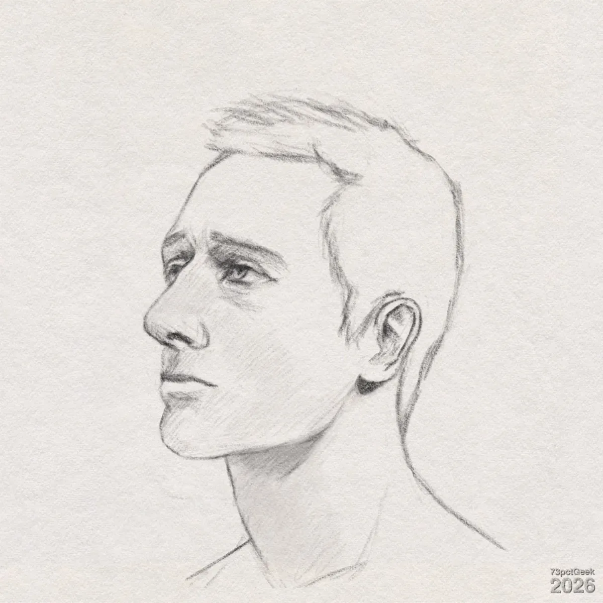 Digital graphite sketch of a young man in profile facing left. His head is tilted slightly upward, and he has a slightly wistful expression. He has a long straight nose, lightly parted lips, and a defined jawline with a smooth, somewhat elongated neck. His hair is short and straight, indicated with quick pencil strokes, lying close to the skull with a subtle side part. The ear is detailed with clear inner curves and shading. His shoulders and torso are only loosely indicated, fading into the paper. Watermarked: 73pctGeek 2026.