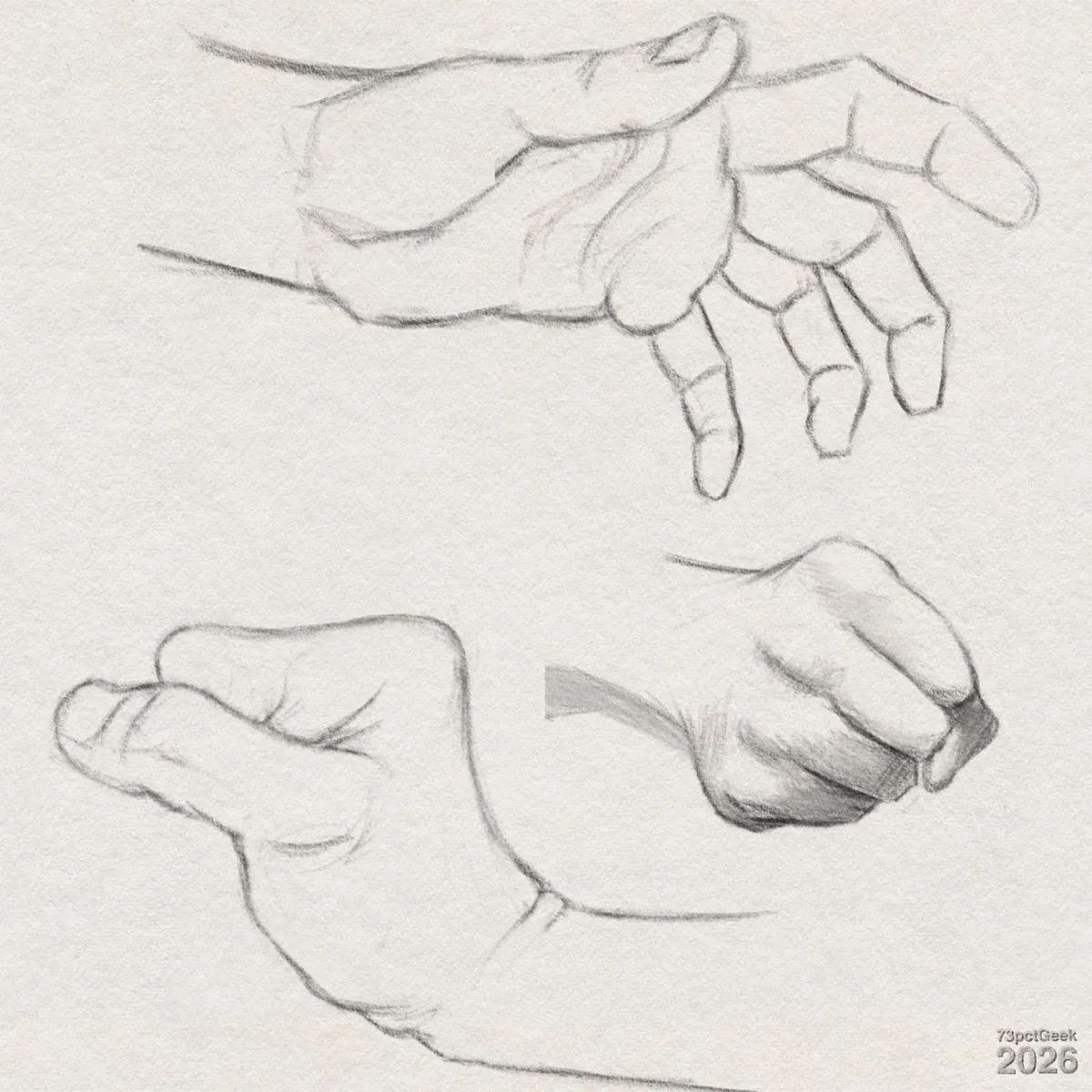 Digital graphite sketches of three hands in different poses. Watermarked: 73pctGeek 2026.