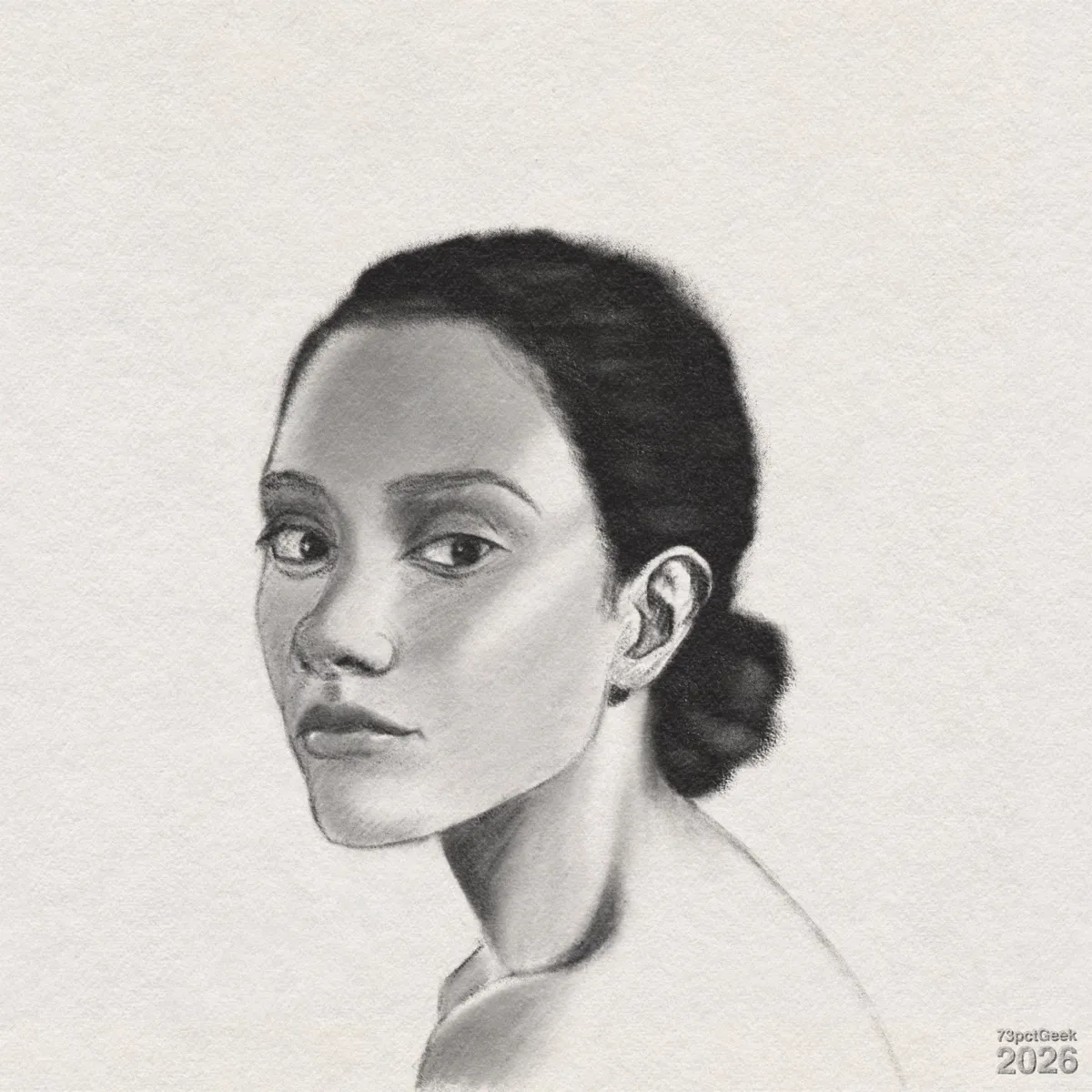 Digital graphite sketch of a woman in 3/4 view. Her medium skin tone is shaded to highlight her cheeks, nose, and jawline. Her head is slightly turned over her left shoulder, revealing her right side as she gazes calmly outward. Her dark hair is neatly pulled back into a low bun. The hairline is clean, indicated with smooth, dark tonal areas. Her long, slender neck has strong shadows under the jaw and along the side of the throat, creating depth and light from the left. Only the top of her shoulders and upper chest are shown, with shading suggesting collarbones and shoulder curve. Watermarked: 73pctGeek 2026.