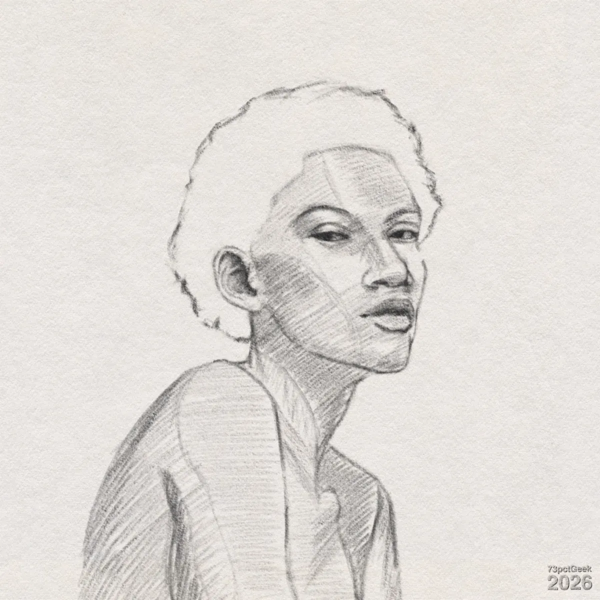 Digital graphite sketch of a woman turned slightly to the side. Her head is tilted, chin lifted, and eyes directed towards the viewer, with a confident, somewhat distant expression. The facial features are full and defined: strong, straight nose; gently arched eyebrows; half-closed, almond-shaped eyes; and full lips that are relaxed. Light, parallel pencil strokes map out the planes of the face and neck, especially on the cheeks, jaw, and throat. The ear is clearly outlined, with dark shading inside and along the jawline and under the cheekbone to suggest depth. The shoulders and upper torso are sketched with broad, diagonal shading. Hair is indicated with soft, irregular edges and minimal shading, creating a halo-like outline around the head. Watermarked: 73pctGeek 2026.