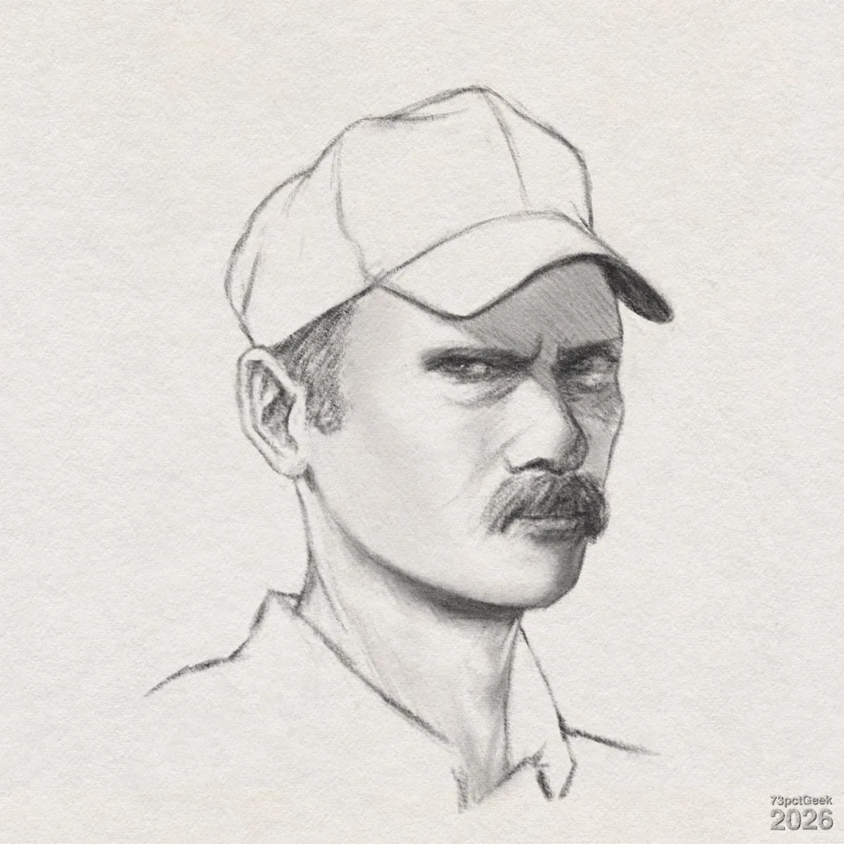 Digital graphite sketch of a man in a baseball cap, shown from the shoulders up, slightly turned to the right. He has short hair mostly hidden under the cap, and a thick dark moustache,. His eyebrows are drawn together, and his eyes are narrowed, giving him a somewhat suspicious expression. He wears a collared shirt with a simple neckline indicated by clean lines. Watermarked: 73pctGeek 2026.