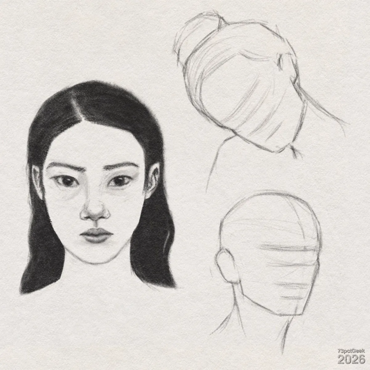 Digital graphite sketches of a woman’s head and two head lay-ins. A front-facing portrait of a young woman is on the left. She has light skin with soft shading on her cheeks, nose, and under her eyes. Her dark eyes are slightly wide-set, and her brows are straight. She has a narrow nose and full, relaxed lips with slightly downturned corners. Her long, dark hair falls straight down, framing her face. Top right, a head and shoulders angled downward and slightly to one side. It has basic outline shapes with construction lines indicating where features would be. The hair is suggested as pulled up into a bun at the back. Bottom right, another lay-in of a head and neck in a 3/4 view. It has no features, only guidelines for the centre line and features. Watermarked: 73pctGeek 2026.