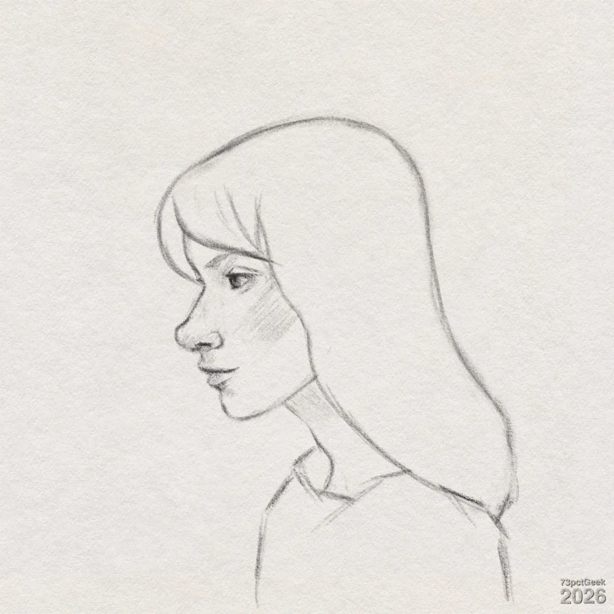 Digital graphite sketch of a young woman. She is shown from the shoulders up, facing left in profile, with a neutral expression. She has long, straight hair, a prominent, rounded nose, and a relaxed mouth. There is faint shading on the cheek and under the jawline, suggesting the plane of the face and neck. Her long, slender neck leads into a simple, loose top indicated by a few light lines. Watermarked: 73pctGeek 2026.