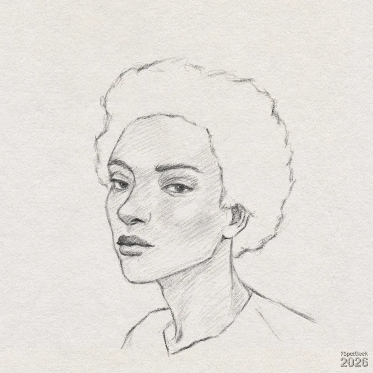 Digital graphite sketch of a woman with short, textured hair. She has a medium-dark skin tone indicated by shading, with high cheekbones and a long, slender neck. Her head is turned slightly to the left while she looks outwards with a direct expression. Her brows are thick and arched, her nose is straight and narrow, and her lips are full and closed in a neutral look. Her hair forms a rounded, soft halo shape around the head, drawn with loose, sketchy lines. Shoulders are suggested with a simple outline of a neckline. Watermarked: 73pctGeek 2026.