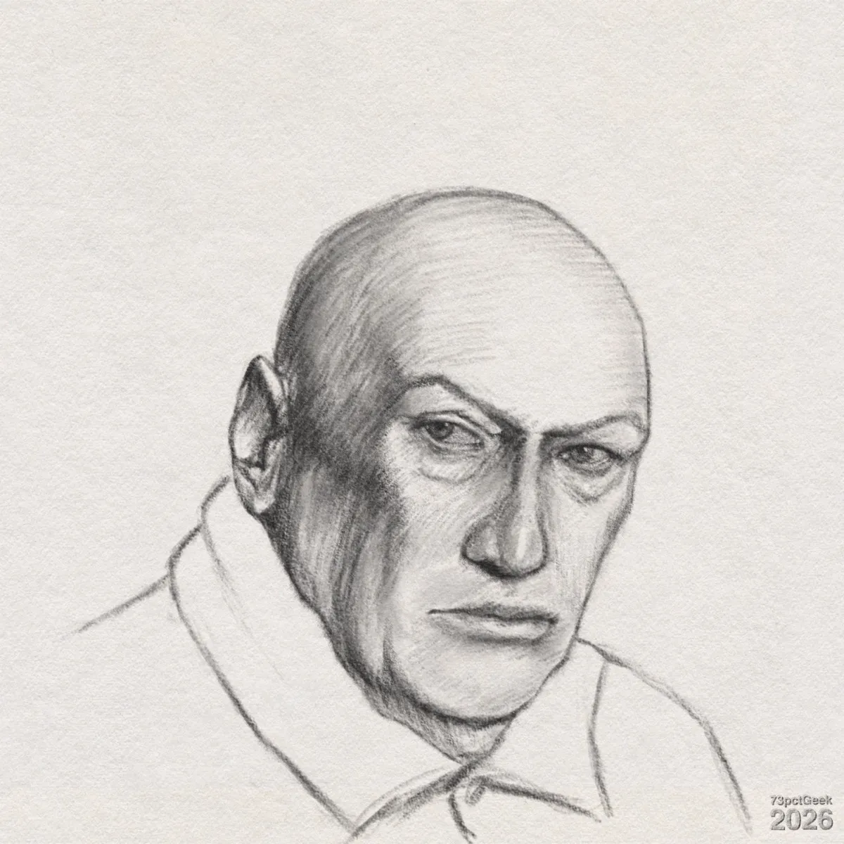 Digital graphite sketch of an older, bald man with a serious expression. He is shown from the shoulders up, turned slightly. He has a light skin tone, a prominent nose, deep-set eyes, and slightly furrowed brows that give an intense, stern look. His lips are closed and straight, adding to the mood. He is wearing a collared coat suggested with simple lines. The shading on his head and face has cross-hatching that emphasises bone structure and wrinkles around the eyes and cheeks. Watermarked: 73pctGeek 2026.