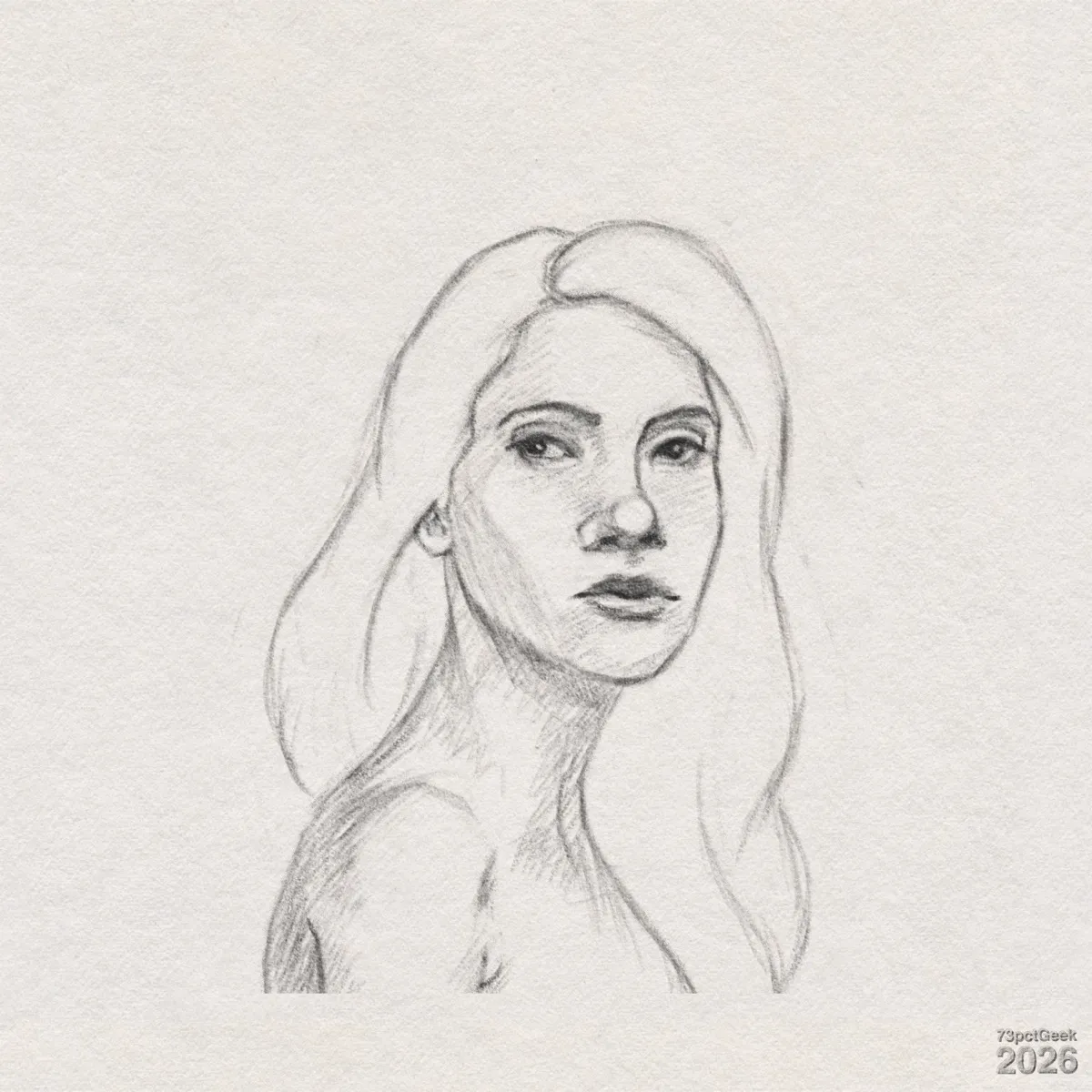 Digital graphite sketch of a young woman in three-quarter view. She is shown from the upper chest up, turned slightly to the right with her head turned towards the viewer. She has long hair that falls in soft waves behind her shoulders and around her neck. She has arched brows, deep-set eyes, a straight nose, and full lips. Her neck is long and slender with crosshatched shading suggesting muscles and shadows, and the shoulders slope gently downward with minimal detail. Watermarked: 73pctGeek 2026.