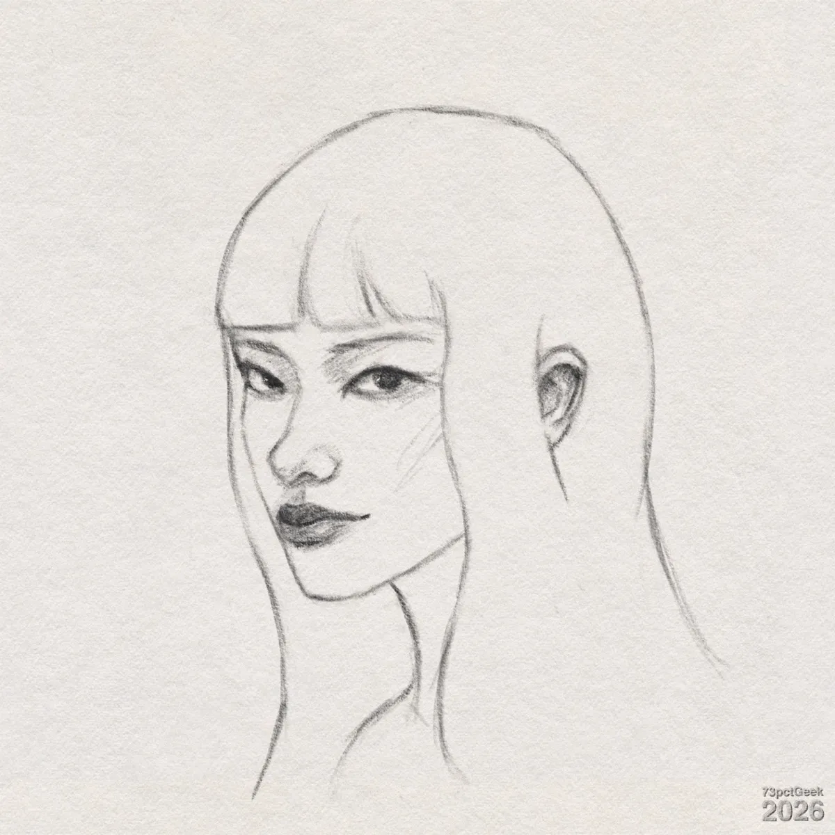 Digital graphite sketch of a young woman. Her head and upper neck are turned slightly to her right. Her gently arched, fairly thin brows and narrow, softly defined nose are lightly shaded. Her full, heavily shaded lips suggest lipstick. Subtle sketch lines help shape her slightly angular face. Her long hair falls straight down on both sides of her face and neck, with simple contour lines, and her fringe forms a neat, curved line across her forehead. One ear is visible on the far side of her head, drawn with inner structure lines. Watermarked: 73pctGeek 2026.