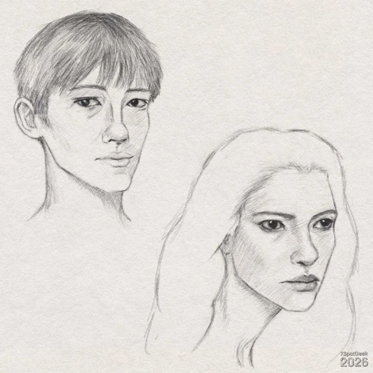 Digital graphite sketches of two faces. Left: A young man from the shoulders up, facing slightly leftwards. He has dark almond-shaped eyes, a straight narrow nose, and a closed mouth. His short straight hair is layered, and a fringe falls over his forehead. Right: A young woman in ¾ view, facing right. She has sharper features, including pronounced cheekbones and a defined jaw. Her large, dark eyes have a focused, serious expression. Her straight brows and long, slightly pointed nose add to her determined look. Full lips pressed together enhance her determined expression. Long hair frames her face, flowing back and downward in loose waves. Watermarked: 73pctGeek 2026.