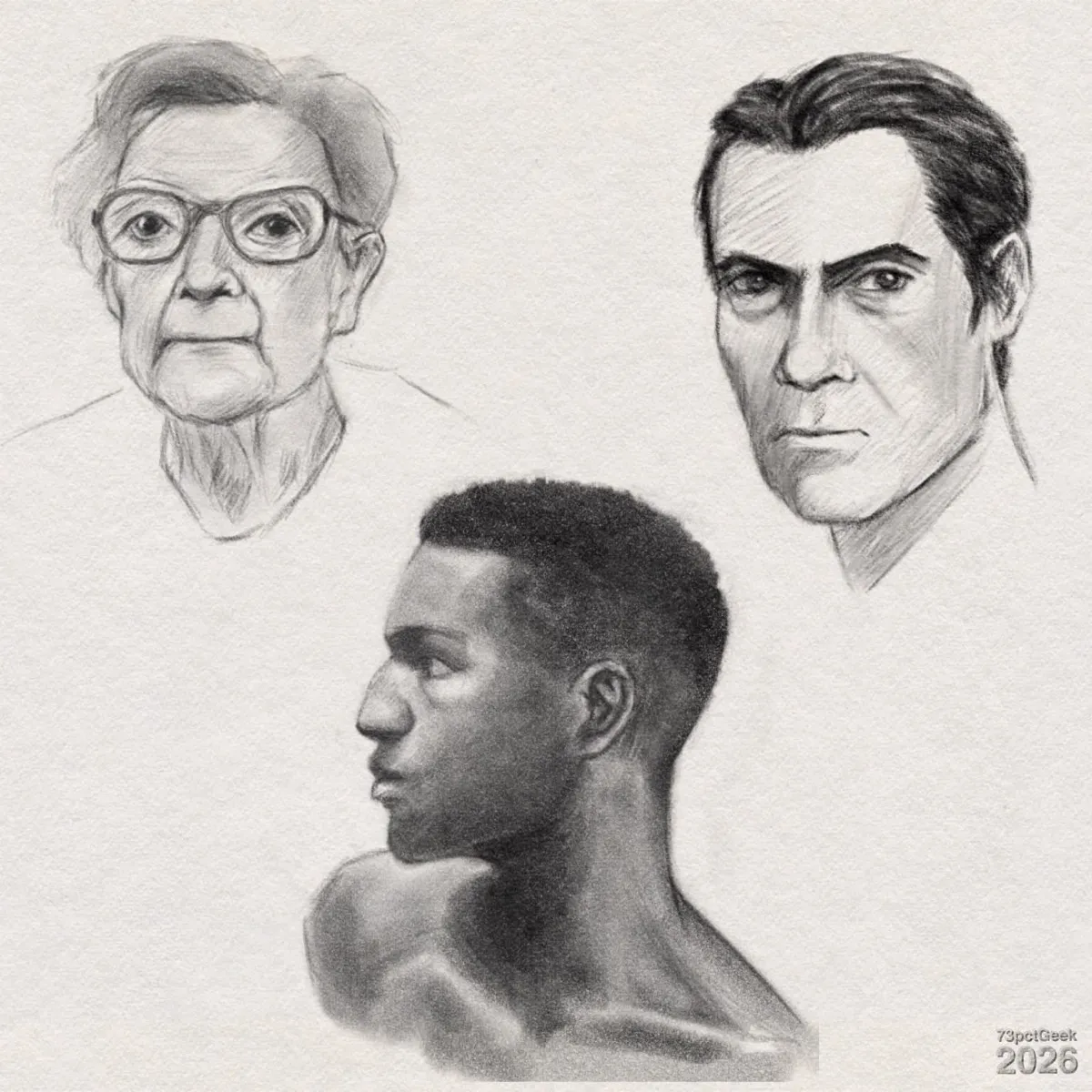 3 digital graphite sketches of human heads. Top left: An elderly woman facing forward. She has short, softly waved hair, light skin with wrinkles around the eyes and mouth, and large round eyeglasses. Her expression is neutral and calm, with a slightly closed mouth. Her clothing is only loosely suggested with a few faint lines. Top right: An adult man with light skin in a ¾ view, turned slightly leftwards. He has dark, slicked-back hair, a long face with prominent cheekbones, a strong jawline, and thick, dark eyebrows. His eyes are narrow and intense, giving a serious, stern expression. Bottom: A young man with dark skin in profile facing leftwards. He has short, closely cropped hair, a straight nose, full lips, and a clearly defined jawline and chin. The shading on his face and upper body creates a more three-dimensional, sculpted look. His shoulders and upper chest are bare, with muscles indicated by soft, blended shadows. Watermarked: 73pctGeek 2026.