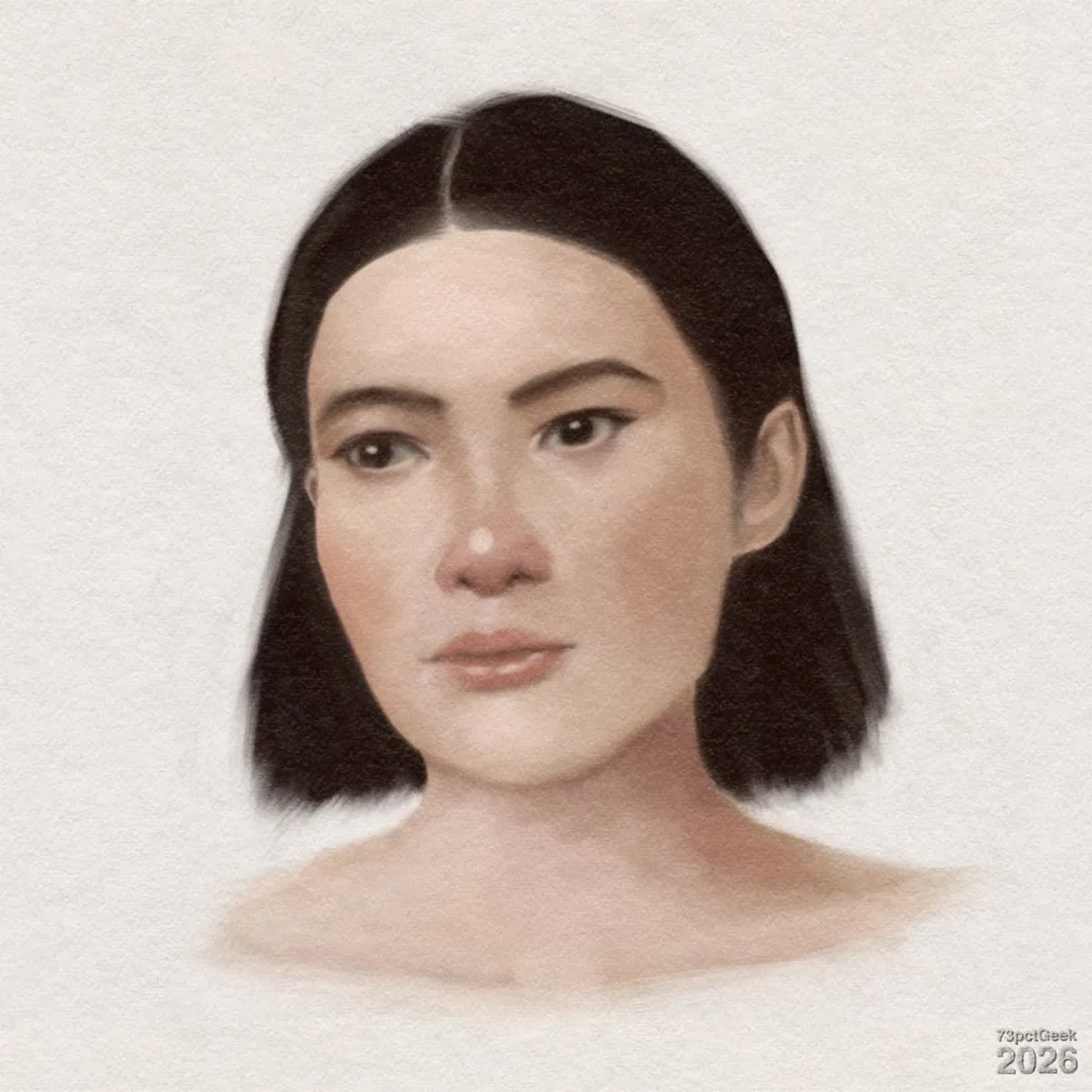 Digital painting of a young woman from the shoulders up. She has light skin with a soft, smooth texture and a gentle blush on the cheeks. Her face is oval-shaped with a straight nose, full lips, and a neutral expression. Her eyes are dark brown and almond-shaped, framed by straight eyebrows. Her hair is black, straight, and cut into a blunt bob that ends slightly above the shoulders, with a centre parting. The neck and upper shoulders are visible, but fade softly into the background. Watermarked: 73pctGeek 2026.