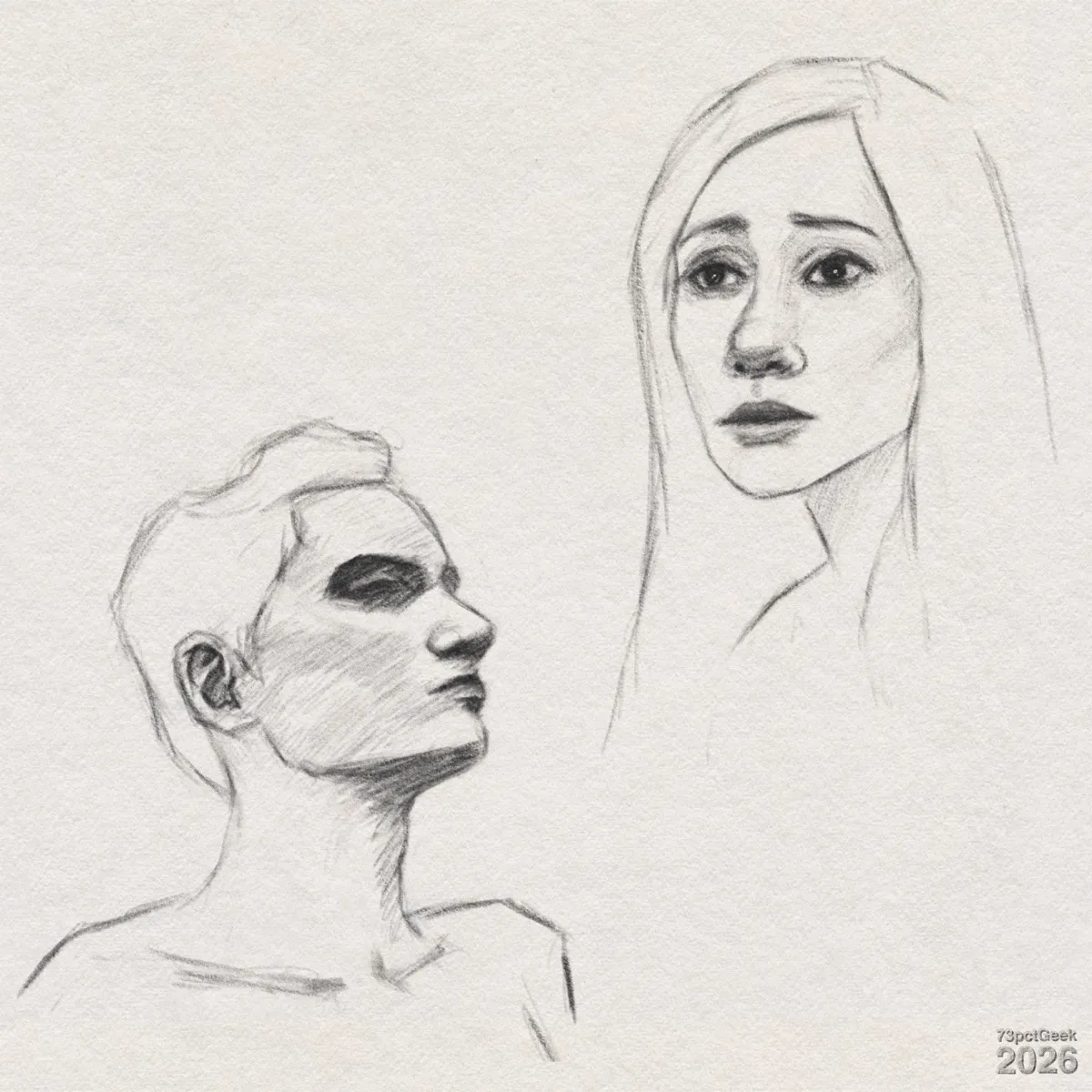 Day 951 Digital graphite sketch of two human heads. Bottom left: a man is drawn from the shoulders up in ¾ view, facing to the right with his chin slightly lifted. His angular features include a straight nose and defined jawline. The eye area and side of the face are shaded darkly, creating strong contrast. His hair is lightly outlined and swept back. The neck is long and shaded with diagonal strokes, while the shoulders and upper chest are only loosely indicated. Top right: a woman with long, straight hair falling past her shoulders. Her brows curve upward near the centre, and her eyes are dark and wide. She has a slender nose and full lips, slightly parted, in a subtle downward curve that gives her a slightly sad expression. Shading on her cheeks and under her eyes is soft and light, emphasising her emotional look. Her neck and shoulders are only faintly suggested. Watermarked: 73pctGeek 2026.