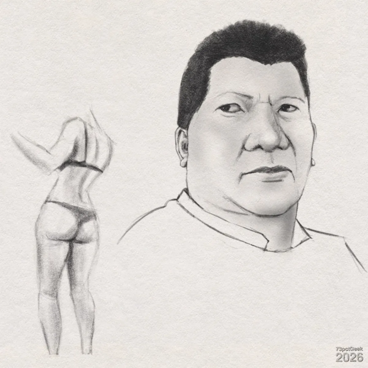 Day 952 Digital graphite drawing of a figure drawing and a human head. Right: portrait of an older adult man with short, dark, cropped hair. He has medium skin tone, a broad face, strong jaw, and a serious expression with brows drawn together. He gazes off to the viewer’s left. Shading emphasises the cheekbones, nose, and neck. A simple shirt with a short stand-up collar is sketched with minimal lines, and the shoulders fade out. Left: a lightly sketched, nearly full-body figure of a woman drawn from the back. She has a slim, toned build and is wearing a bikini-style top with thin straps and a thong-style bottom. The visible arm is raised and bent. The figure lacks feet, hands, and a head. Watermarked: 73pctGeek 2026.
