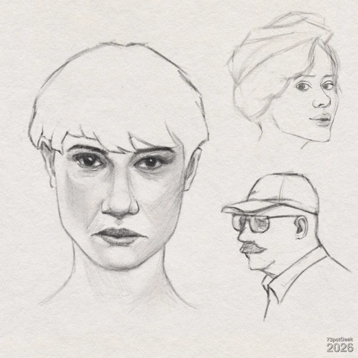Day 953 Digital graphite sketches of three different faces. Left: a front view of a woman with short, straight hair. An uneven fringe covers her forehead. The face has light shading on the cheeks and under the eyes. Her brows are defined and slightly angled downwards near the centre. Her straight nose has soft shading along the sides. Her closed mouth has full lips and downturned corners, creating a sombre look. The gently rounded jawline and slender neck fade out. Top right: a light, unfinished sketch of a woman in ¾ view. She has a large, wrapped headscarf sitting high and wide on her head, drawn with loose, flowing lines. The face is more delicately drawn, with minimal shading and a calm expression. Bottom right: an older man in profile facing left. He’s wearing a baseball cap, spectacles, and a collared shirt. He has a prominent moustache, a pronounced nose, firm jaw, and slight wattle.