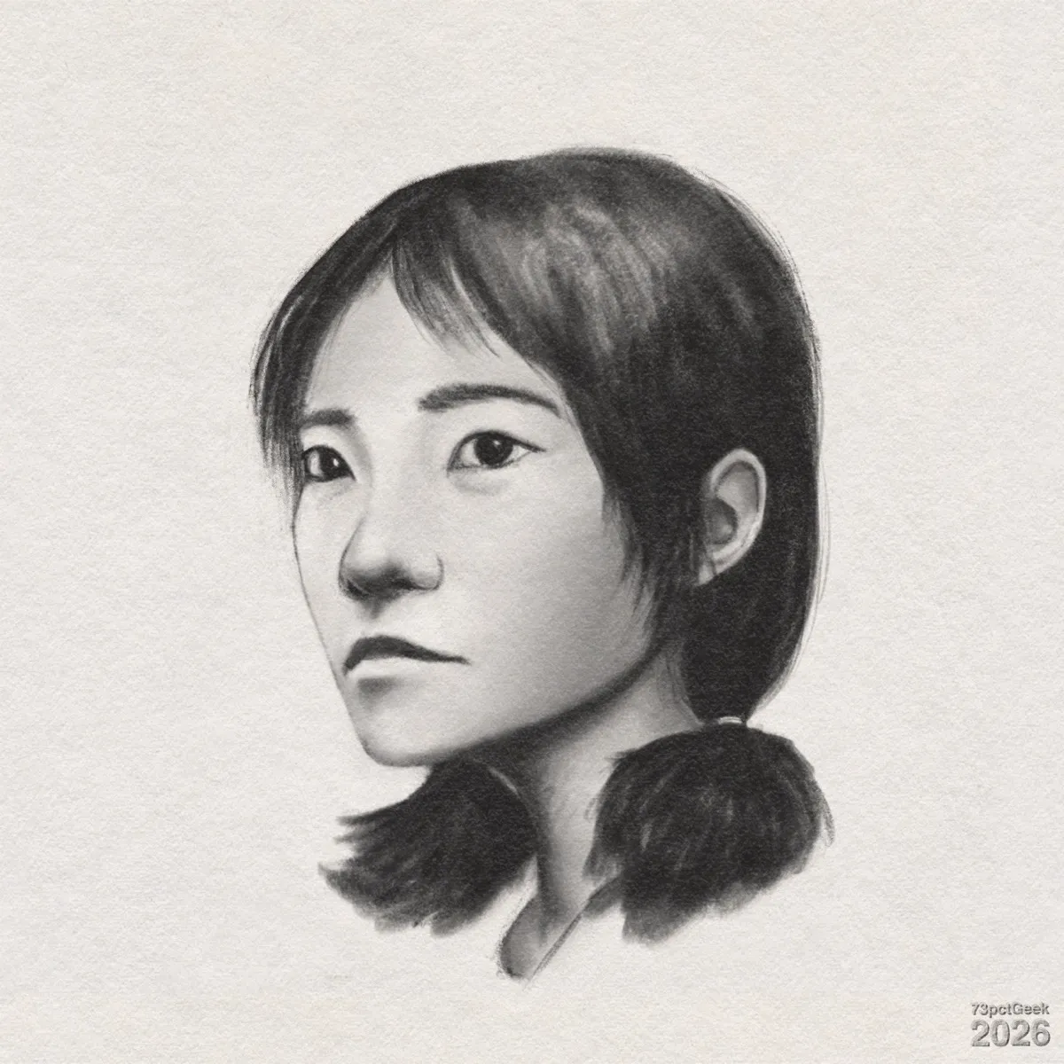 Day 954 Digital charcoal portrait of a young woman turned slightly to her right. She has light skin and a neutral expression. Her eyes are large, dark, and focused forward, with defined upper eyelids and soft brows. Her dark hair is medium-length, parted near the middle, and is gathered into two low, loose pigtails by the base of her neck. She has a slender neck with shadows suggesting tendons and a hint of a collar or neckline at the bottom. Watermarked: 73pctGeek 2026.